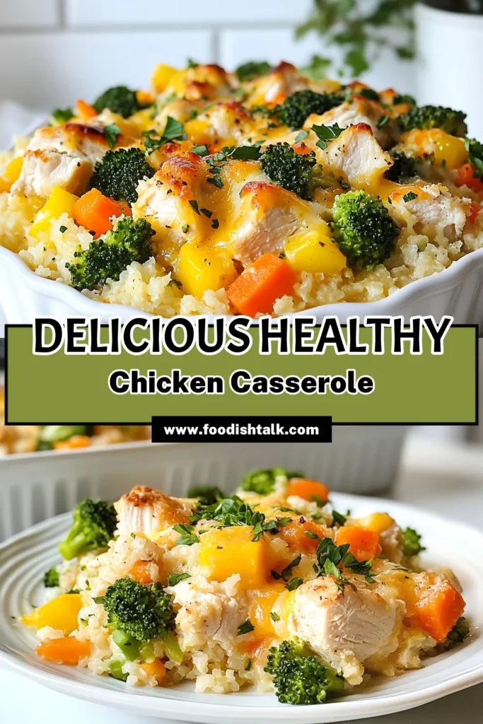 Discover this Healthy Chicken Cauliflower Rice Casserole, a perfect low-carb casserole and an easy chicken dinner that your family will love! Packed with nutritious vegetables, this cauliflower rice recipe combines tender chicken and topped with melted cheese for a delicious meal. Ideal for weeknight dinners, this vegetable chicken bake is not only satisfying but also healthy! Save this recipe and enjoy a wholesome dish tonight! #HealthyEating #LowCarb #ChickenDinner #CasseroleRecipe