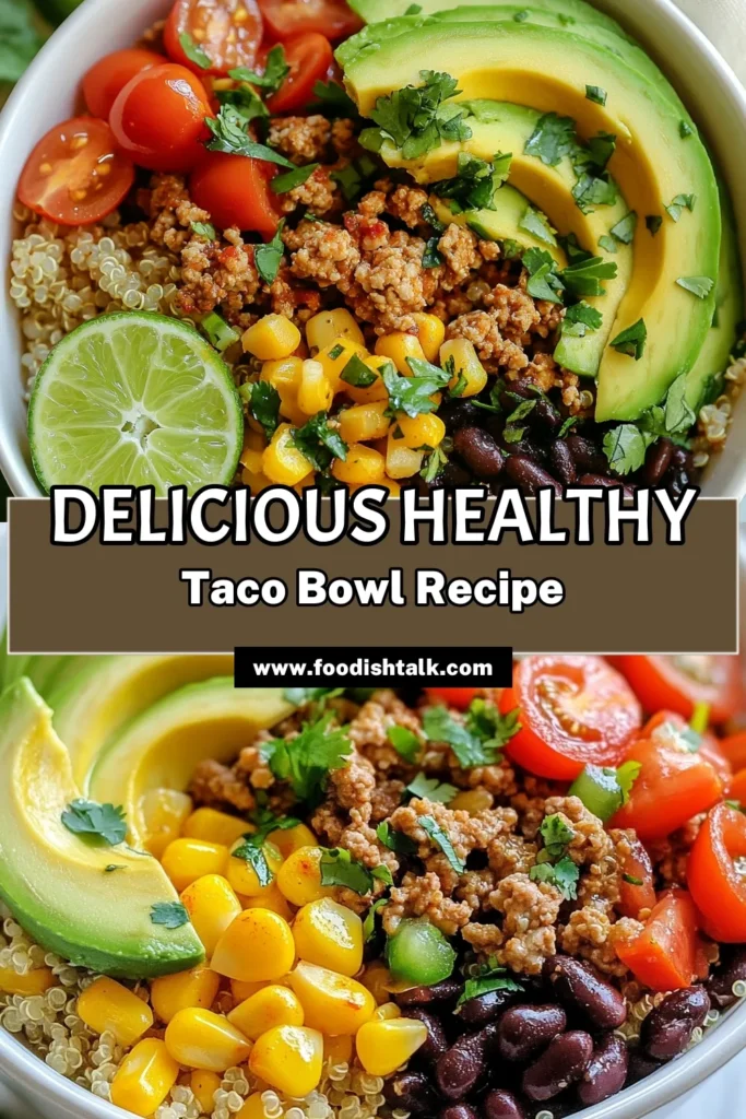 Discover the deliciousness of a healthy turkey taco bowl that brings together all the flavors you love in one satisfying meal. This easy turkey taco recipe uses ground turkey and is packed with nutrients from quinoa and colorful veggies. Perfect for meal prep, it’s one of the best ground turkey recipes for quick, easy healthy meals. Try it today for a delightful dinner everyone will enjoy. Save this recipe! #HealthyTurkeyTacoBowl #GroundTurkeyRecipes #QuinoaTacoBowl #EasyHealthyMeals