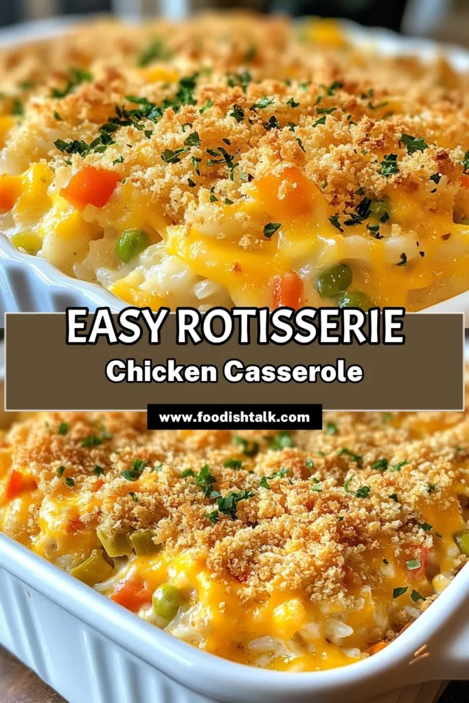 Discover the ultimate comfort food with this easy rotisserie chicken casserole! This creamy chicken and rice bake combines tender rotisserie chicken, cheddar cheese, and a medley of vegetables for a deliciously satisfying dish. Perfect for busy weeknights, this easy chicken casserole recipe will quickly become a family favorite. Ready in just 45 minutes, don't miss out—save this recipe now! #ChickenCasserole #ComfortFood #EasyRecipes #CheddarCheese