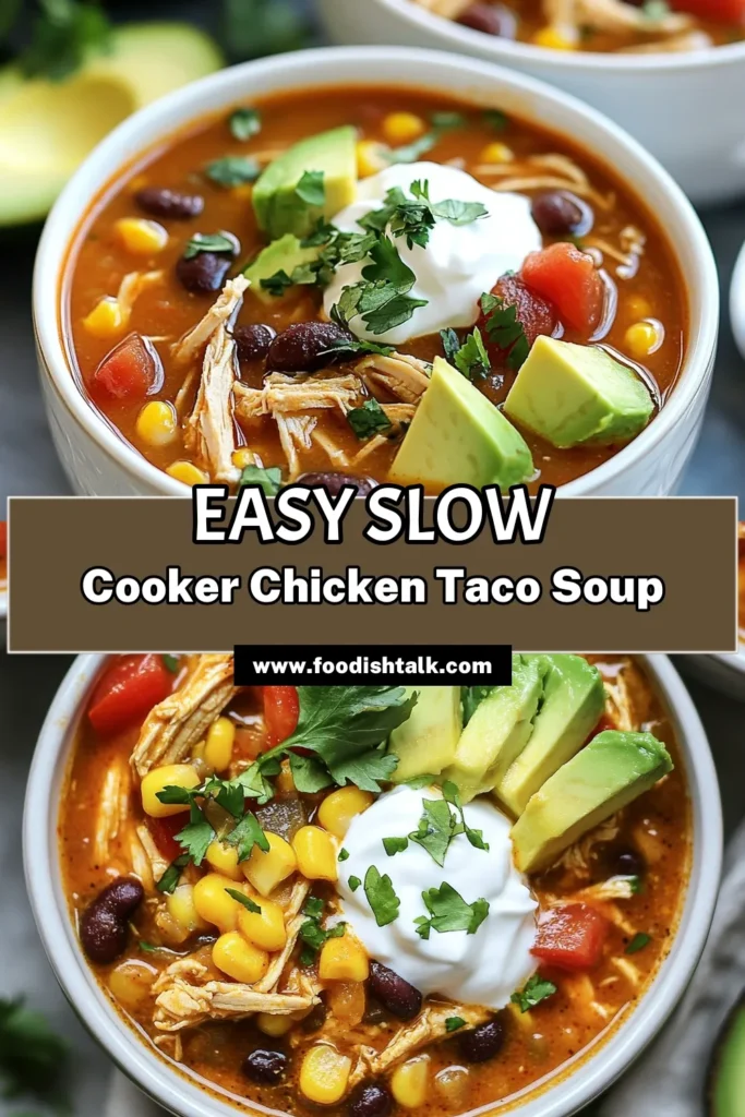 Discover the ultimate comfort food with this Slow Cooker Chicken Taco Soup that's perfect for busy days! This Easy Chicken Taco Soup Recipe combines tender chicken, black beans, and fresh veggies for a wholesome meal. Packed with flavor, it's a Healthy Taco Soup that's sure to please the whole family. Dive into a bowl of this delicious Mexican Chicken Soup today! Save this recipe for your next meal! #SlowCookerSoupRecipes #TacoSoup #HealthyEating #MexicanCuisine