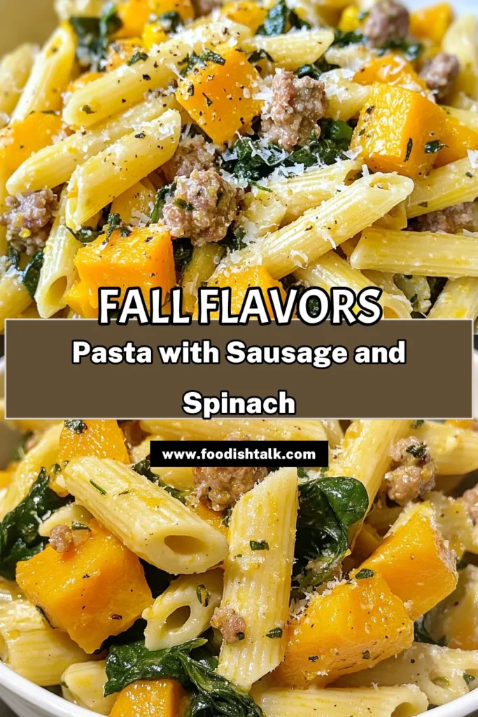 Savor the flavors of fall with this Butternut Squash Sausage Spinach Pasta! This creamy pasta recipe combines sweet Italian sausage, fresh spinach, and roasted butternut squash for a delicious and healthy pasta dish. Perfect as a comforting weeknight meal, this fall pasta recipe is simple to make and sure to impress. Try this sausage spinach penne today and enjoy a taste of autumn! Save this recipe for later! #butternutsquashpasta #creamyrecipes #healthypastadishes #fallrecipes