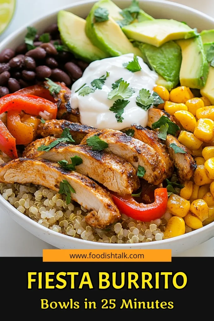Looking for a delicious and healthy meal? Try this Fiesta Chicken Burrito Bowl! Packed with tender chicken, vibrant veggies, black beans, and creamy avocado, this Fajita Bowl Recipe is perfect for any occasion. It's a nutritious choice that combines quinoa or rice for a wholesome Chicken and Black Beans Bowl. Enjoy these Healthy Burrito Bowls with fresh lime and cilantro for added flavor. Save this recipe for your next meal prep! #HealthyRecipes #BurritoBowl #FajitaBowl #MealPrepIdeas