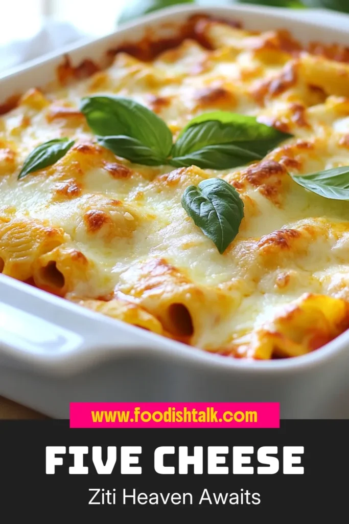 Indulge in a delicious homemade Five Cheese Ziti Al Forno with this easy ziti recipe! This creamy pasta bake packs layers of flavor with ricotta, mozzarella, provolone, cheddar, and Parmesan cheeses. Perfect for family dinners, this cheesy Italian pasta dish is sure to impress. Discover how simple it is to make baked ziti with cheese that everyone will love. Save this recipe for your next gathering! #BakedZiti #ItalianRecipes #PastaLovers #CheesyDishes