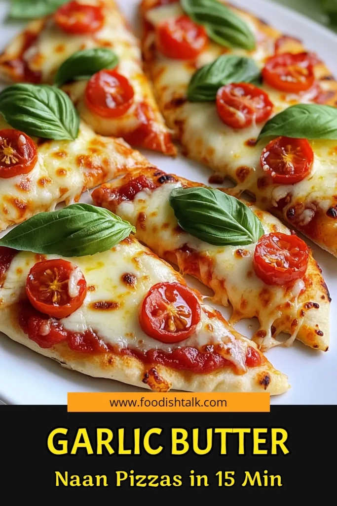 Satisfy your pizza cravings with these easy Garlic Butter Naan Pizzas! Featuring crispy naan topped with garlicky butter, marinara sauce, melted mozzarella, and fresh cherry tomatoes, this recipe comes together in just 15 minutes. Perfect for a quick dinner or snack, these delicious pizzas are bursting with flavor. Click through to discover the full recipe and add a tasty twist to your meal plan. #NaanPizza #GarlicButter #EasyRecipes #Foodie