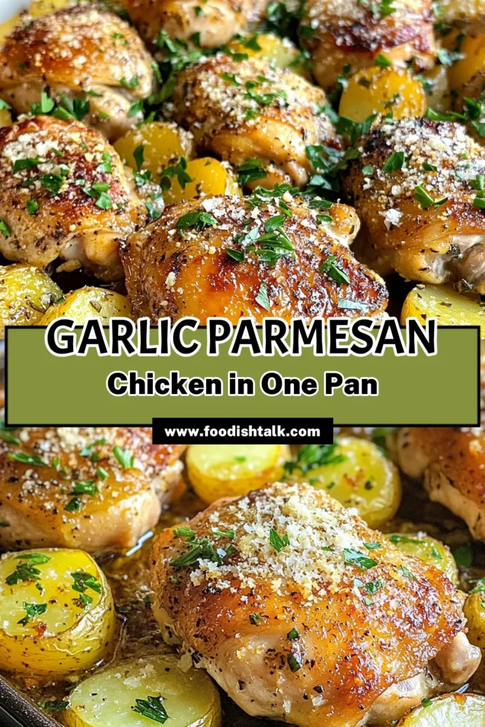 Discover the ultimate One Pan Garlic Parmesan Chicken and Potatoes recipe that transforms dinner into a breeze! Perfectly seasoned oven-baked chicken thighs paired with tender baby potatoes make this an easy one pan dinner your family will love. This Garlic Parmesan Chicken recipe is simple to prepare and packed with flavor. Save this Chicken and Potatoes recipe for your weeknight meals and elevate your cooking! #OnePanGarlicChicken #EasyDinner #GarlicParmesanChicken #OvenBakedChickenThighs