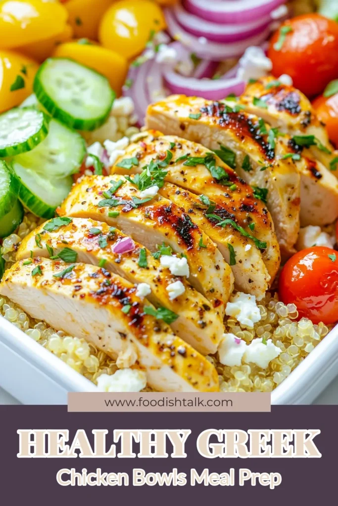 Looking for a delicious Greek chicken meal prep? Try these Greek Chicken Meal Prep Bowls, perfect for healthy meal prep! This easy chicken recipe features marinated chicken breasts served on a bed of fluffy quinoa and a refreshing quinoa salad recipe with cucumber, cherry tomatoes, and feta. These Mediterranean chicken recipes are great for weekly meal planning. Save this recipe for a balanced meal anytime! #GreekChickenMealPrep #HealthyMealPrepBowls #MediterraneanRecipes #EasyChickenRecipes