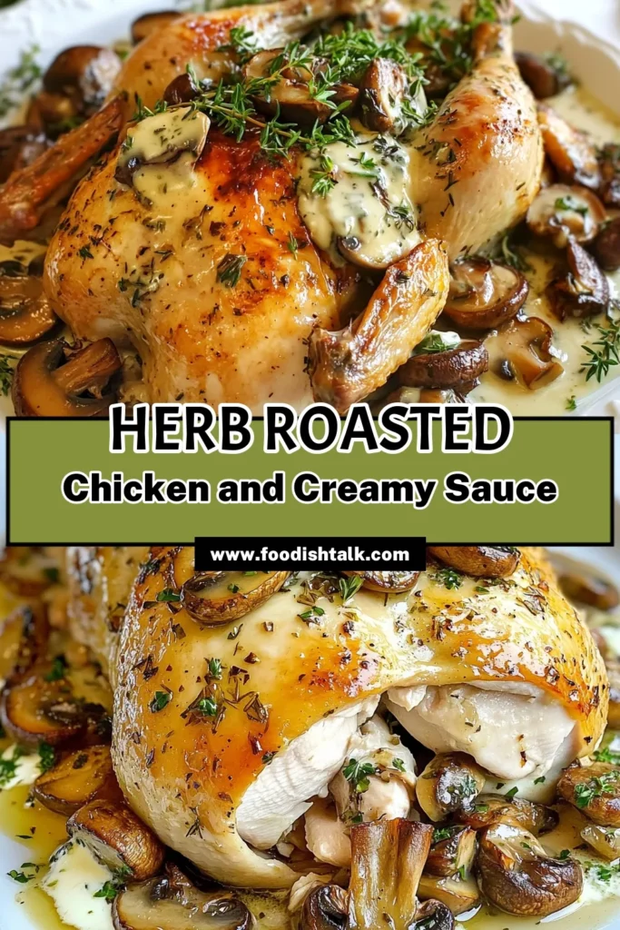 Discover the perfect easy chicken dinner with this herb roasted chicken recipe! Infused with fresh lemon and thyme, this roasted chicken with herbs will impress your family and friends. Topped with a rich, creamy mushroom sauce, it's a dish that brings comfort to your table. Ready in just 1.5 hours, this flavorful meal is a must-try. Save it now and bring a taste of culinary delight to your kitchen! #HerbRoastedChicken #CreamyMushroomSauce #EasyDinner #ChickenRecipes