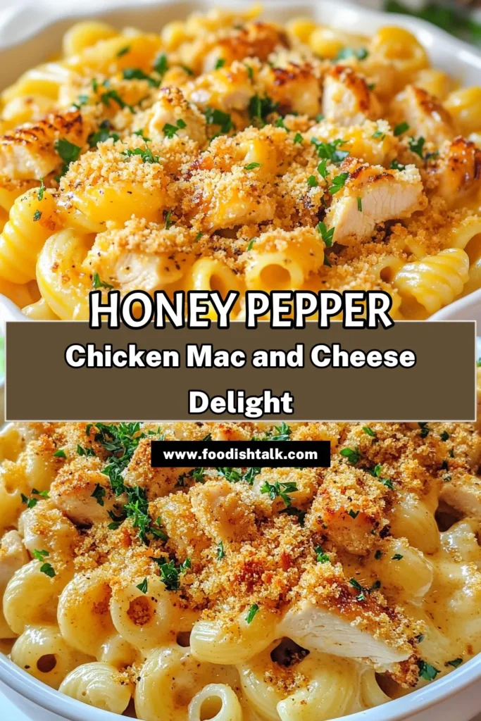 Indulge in the ultimate comfort food with this Honey Pepper Chicken Mac and Cheese recipe! This creamy mac and cheese combines tender chicken and a delicious cheese sauce for an easy chicken dinner that your family will love. Baked to perfection, it’s a must-try for lovers of baked macaroni and cheese. Ready to satisfy your cravings? Save this recipe now and enjoy a taste sensation! #ComfortFood #EasyChickenDinner #MacAndCheese #RecipeIdeas