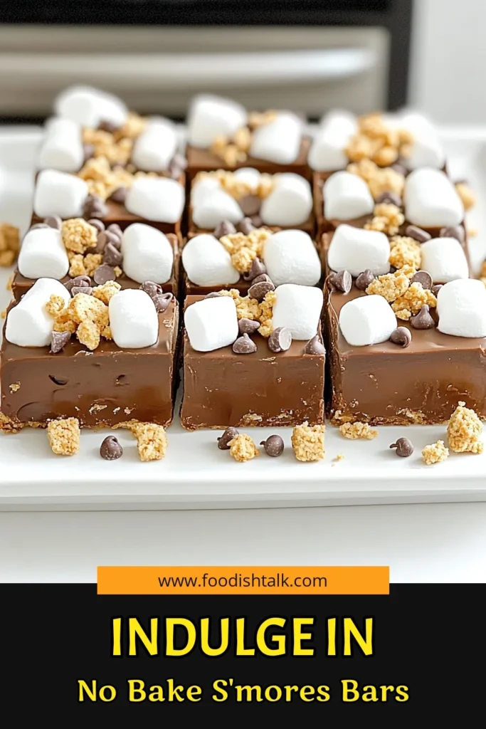 Indulge in the ultimate No Bake S’mores Fudge Bars! Made with graham cracker crumbs, rich cocoa, and gooey marshmallows, this easy recipe is perfect for satisfying your sweet tooth without turning on the oven. Just mix, chill, and enjoy these delicious no-bake treats! Click to discover how to create this delightful dessert that everyone will love. Don't miss out! #NoBakeS’mores #DessertRecipe #SweetTreats #EasyDesserts
