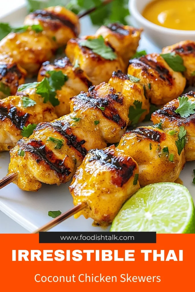 Discover the irresistible flavors of Thai Coconut Chicken Skewers! This easy Thai skewers recipe features chicken marinated in a creamy coconut milk marinade with bold red curry paste and fresh herbs. Perfect for summer grilling, these Thai curry chicken skewers are a crowd-pleaser for any gathering. Try this grilled chicken skewers recipe today! Save this delicious recipe for your next cookout! #ThaiCoconutChickenSkewers #EasyThaiSkewers #GrilledChickenSkewers #ThaiCurryChickenSkewers