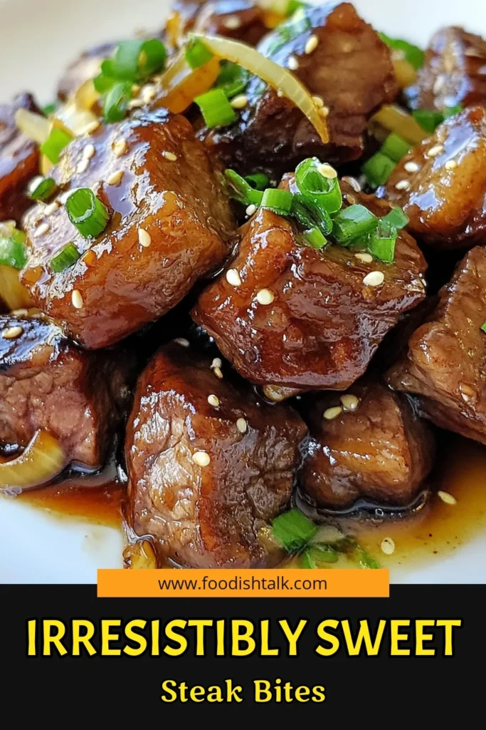 Looking for a delicious and easy steak appetizer? Try these Sweet Sticky Steak Bites! Made with marinated sirloin steak, this sticky glaze recipe is perfect for a quick dinner recipe or a crowd-pleasing dish. In just 40 minutes, you’ll prepare tender steak bites coated in a sweet, savory sauce that everyone will love. Get the full recipe and impress your guests today! #SteakBites #AppetizerIdeas #QuickDinner #SteakRecipe
