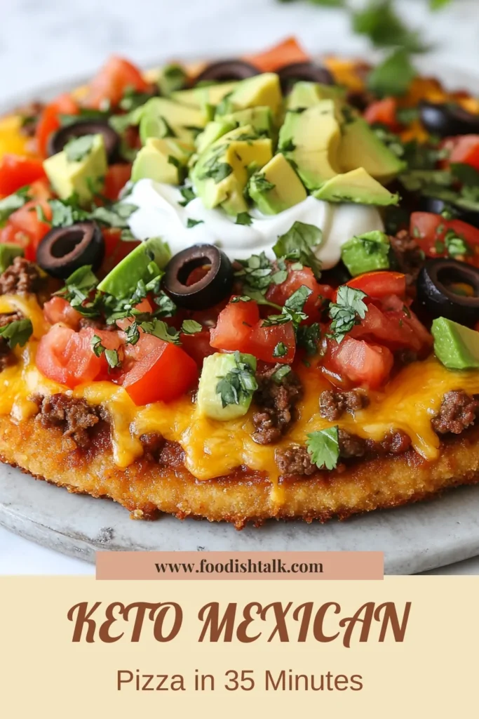 Craving a delicious and satisfying meal? Try this Keto Mexican pizza recipe! This low carb pizza features a crispy almond flour pizza crust perfectly seasoned with taco seasoning. Topped with ground beef, tomatoes, olives, and melty cheese, it’s a keto-friendly dinner idea that everyone will love. Don't miss out on this tasty and easy dish. Save it now for your next meal! #KetoPizza #LowCarbDinner #HealthyEating #KetoRecipes