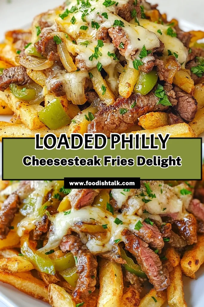Satisfy your cravings with these delicious Philly cheesesteak fries! This loaded fries recipe combines crispy oven-baked cheesy fries with tender ribeye steak, peppers, and onions. Perfect for game day or a cozy night in, these easy cheesesteak fries will be a hit at your table. Try this mouthwatering dish today and elevate your snack game! Save this recipe for later! #PhillyCheesesteakFries #LoadedFries #EasyCheesesteakFries #RibeyeSteakFries