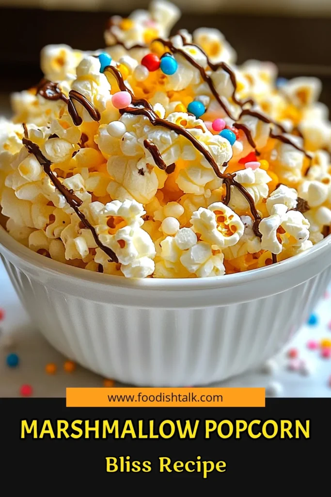 Looking for a fun party snack that will wow your guests? Try this easy marshmallow popcorn recipe! This homemade popcorn snack is coated with gooey marshmallows and drizzled with chocolate, making it the perfect chocolate marshmallow treat. Ideal for any gathering, this easy popcorn dessert is sure to be a hit. Don't miss out on making this delightful snack—save this recipe now! #MarshmallowPopcorn #PartySnacks #HomemadeSnacks #EasyDessert