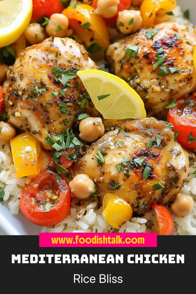 Discover this delicious Mediterranean chicken recipe that brings vibrant flavors to your table! This easy Mediterranean dinner features tender chicken thighs and fluffy basmati rice, making it the perfect chicken and rice dish for any night of the week. Packed with healthy ingredients like chickpeas and cherry tomatoes, this healthy chicken thighs recipe is sure to please. Save this basmati rice recipe for your next meal! #MediterraneanChicken #HealthyRecipes #EasyDinner #BasmatiRice
