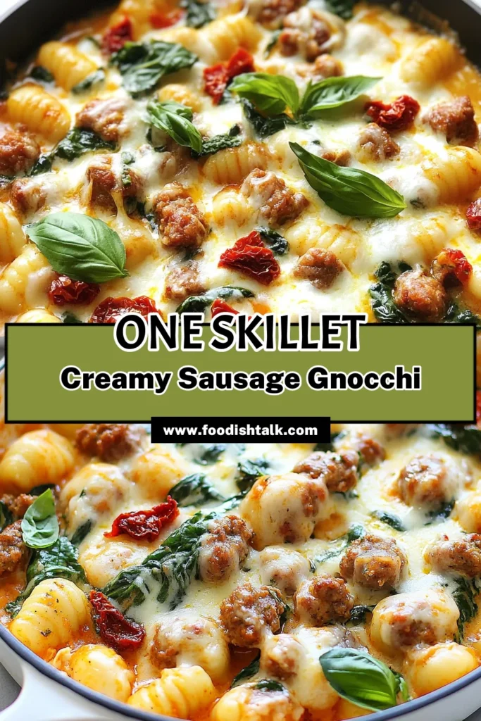 Indulge in this creamy sausage gnocchi skillet, the ultimate one-pan gnocchi dish that's perfect for busy nights! This easy creamy pasta recipe features flavorful Italian sausage, tender gnocchi, fresh spinach, and sun-dried tomatoes all in a rich, creamy sauce. Discover how simple it is to create a delicious meal with this gnocchi skillet recipe. Save this post for quick dinner inspiration! #CreamySausageGnocchi #ItalianSausageRecipes #OnePanGnocchi #EasyPastaRecipe