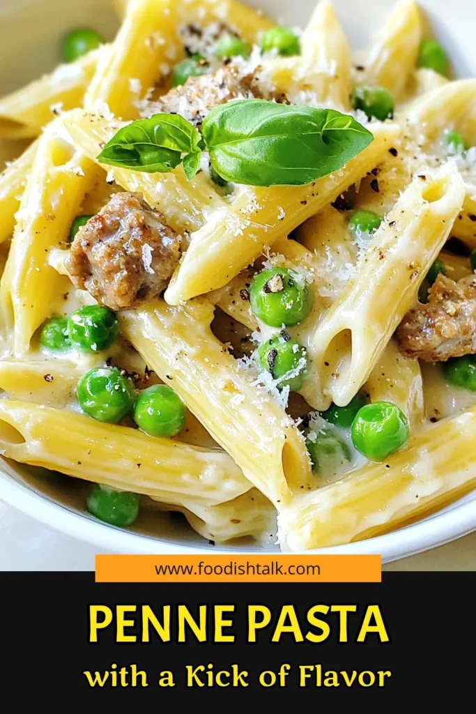 Looking for an easy weeknight dinner recipe? This penne pasta recipe featuring spicy Italian sausage and creamy pasta with peas is perfect! This one-pot penne dish is not only delicious but also quick to make in just 30 minutes. Toss together penne, savory sausage, and sweet peas for a satisfying meal that your family will love. Save this recipe for a delightful dinner tonight! #PastaRecipe #WeeknightDinner #OnePotMeal #ComfortFood