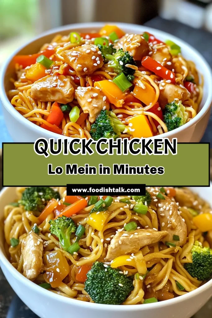 Looking for a quick chicken lo mein recipe? This easy lo mein dinner is perfect for busy nights! In just 30 minutes, you can whip up a delicious chicken stir-fry packed with colorful lo mein noodles with vegetables. This sesame oil chicken recipe combines tender chicken, fresh veggies, and flavorful sauce for a satisfying meal. Save this recipe for a tasty weeknight dinner! #LoMein #ChickenStirFry #QuickRecipes #DinnerIdeas