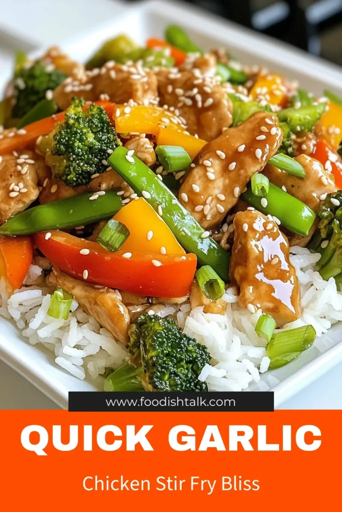Dive into this delicious Garlic Chicken Veggie Stir Fry, a quick chicken stir fry packed with healthy chicken and veggies! This veggie stir fry recipe uses low sodium soy sauce for a guilt-free meal. Perfect for busy weeknights, this dish takes just 25 minutes. Enjoy a wholesome dinner that everyone will love. Save this Garlic chicken stir fry recipe for your next family meal! #GarlicChickenStirFry #HealthyRecipes #QuickDinner #VeggieStirFry