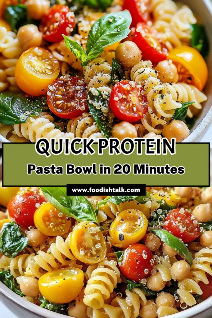 Discover the perfect Minute Protein Pasta Bowl recipe that combines whole grain pasta, fluffy quinoa, and fresh veggies for a healthy, quick meal! This vegetarian pasta dish is ideal for those seeking nutritious options. In just 20 minutes, you can whip up one of the best healthy quinoa recipes. Don’t miss out on this delicious addition to your collection of whole grain pasta recipes. Save this easy protein-packed dish now! #HealthyEating #Vegetarian #QuickMeals #PastaLovers