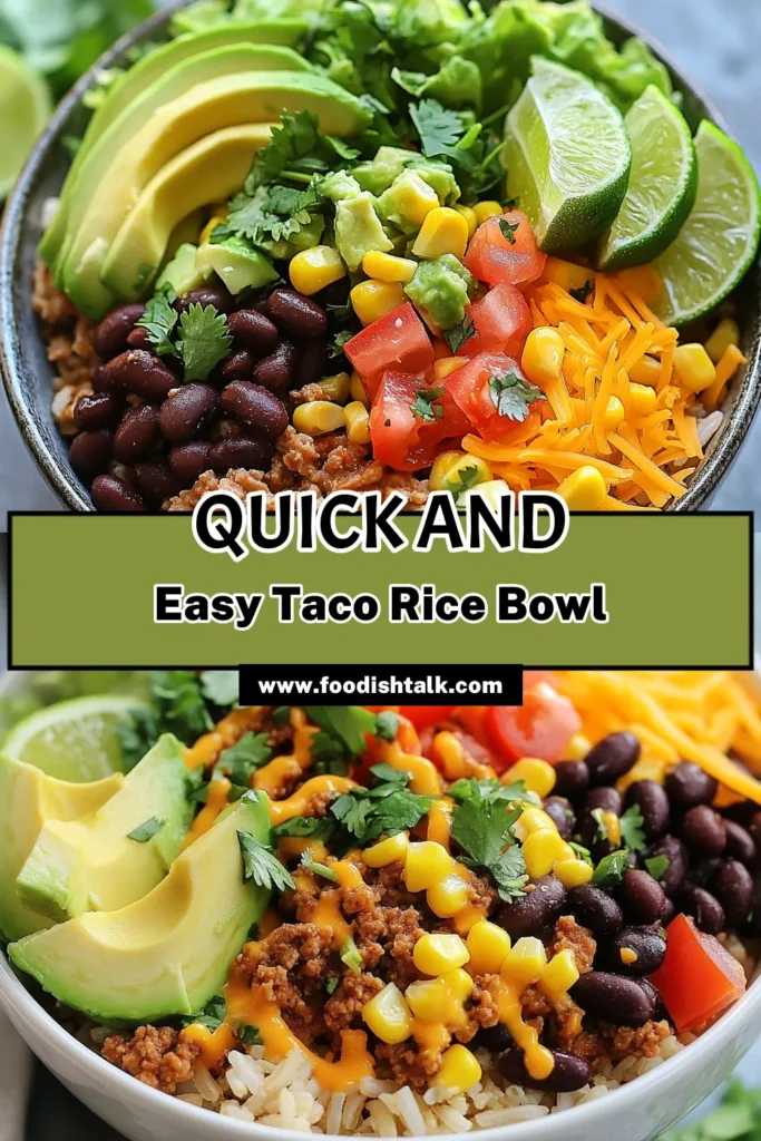 Looking for a quick and healthy dinner? Try this fiesta taco rice bowl recipe, featuring a scrumptious combo of brown rice, ground turkey, and fresh toppings. This easy taco rice bowl dinner is packed with flavor, making it perfect for busy nights. You'll love this ground turkey taco rice recipe for its nutritious benefits and ease of preparation. Save this quick brown rice taco bowl for a weeknight favorite! #TacoRiceBowl #HealthyRecipes #EasyDinner #MealPrep