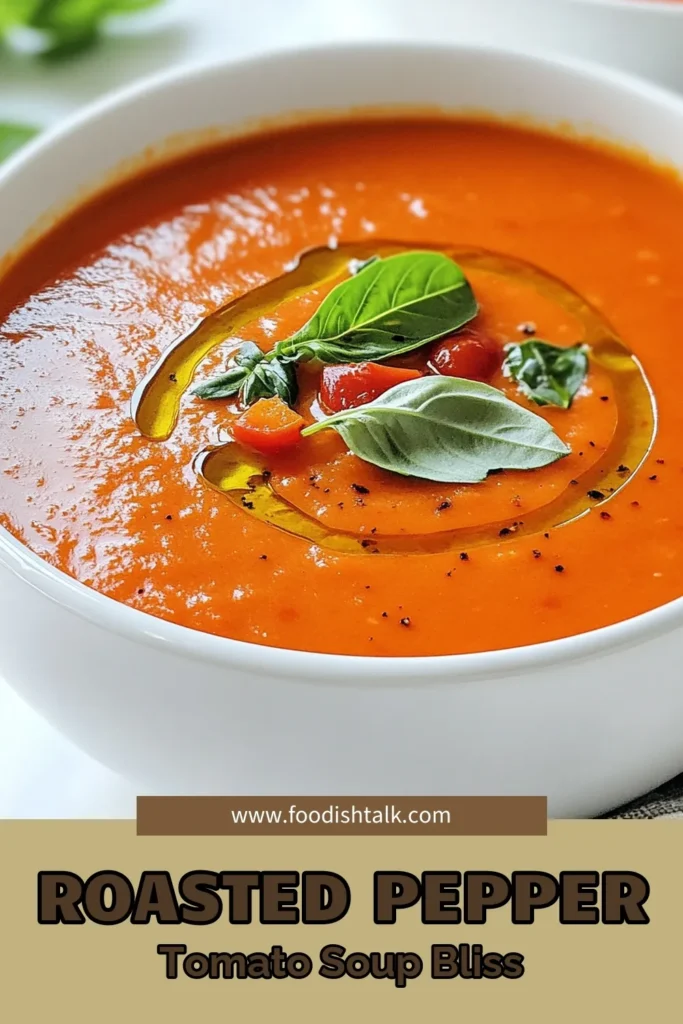 Discover the deliciousness of roasted red pepper tomato soup with our easy tomato soup recipe! This creamy roasted pepper soup is not only comforting but also vegan, making it perfect for everyone. Homemade red pepper soup adds a burst of flavor to your meal—ideal for any occasion. Follow our simple steps to create a warm bowl of goodness that will impress your family and friends. Save this recipe for your next cozy night in! #RoastedRedPepperTomatoSoup #EasyTomatoSoupRecipe #VeganTomatoSoup #HomemadeRedPepperSoup