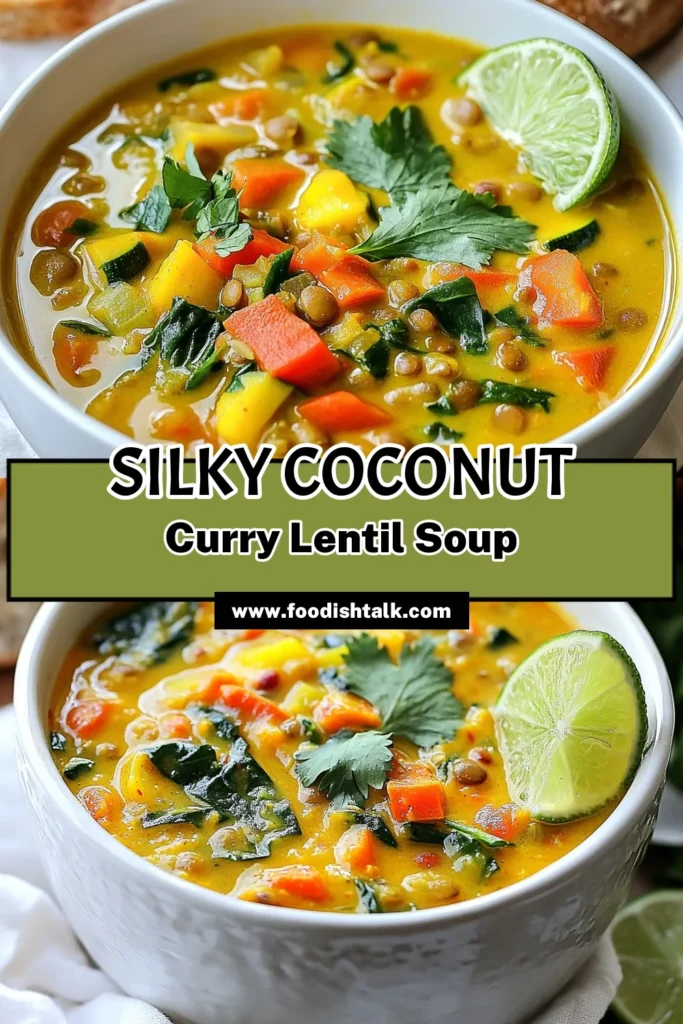 Discover the deliciousness of Coconut Curry Lentil Soup with our vegan lentil soup recipe that’s both healthy and satisfying. This coconut milk soup is packed with nutrients, featuring lentils, colorful veggies, and aromatic spices. Perfect for a cozy meal, this easy lentil soup is a must-try! Ready in just 45 minutes, it will surely become your go-to recipe. Save this Coconut Curry Lentil Soup for your next cooking adventure! #CoconutCurrySoup #VeganRecipe #HealthySoup #EasyLentilSoup