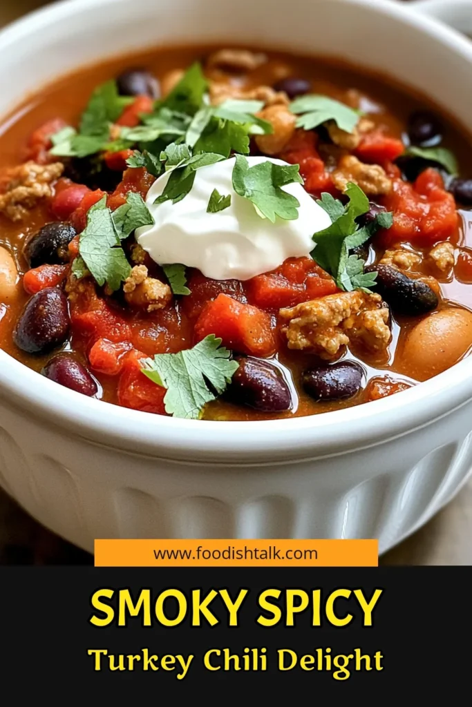 Spice up your dinner with this Smoky Chipotle Turkey Chili recipe! Packed with ground turkey, hearty beans, and vibrant flavors, it's perfect for cozy nights. This chili is not just delicious but also easy to make in just an hour. Ready to impress your family or guests? Click through to discover step-by-step instructions and tips on serving this hearty meal. Get cooking! #ChiliRecipes #ComfortFood #HealthyEating #TurkeyChili