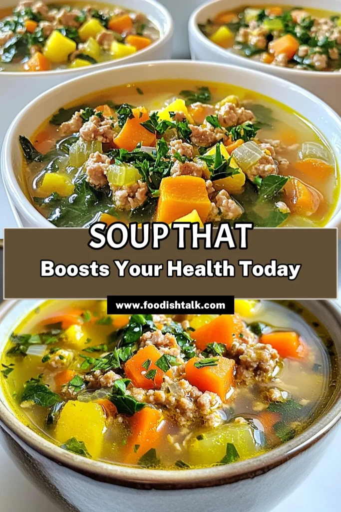 Warm up with this healthy turkey soup packed with fresh vegetables and lean ground turkey! This turkey vegetable recipe features low-sodium turkey broth for a heart-healthy meal that is perfect for weight loss. Enjoy nutritious, easy-to-make healthy turkey meals that are full of flavor. Ready to try this delicious dish? Save this recipe for a comforting soup that your family will love. #HealthyEating #TurleySoup #LeanGroundTurkey #HealthyRecipes