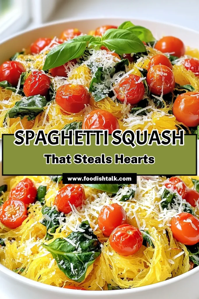 Discover the deliciousness of this Viral Spaghetti Squash Delight! This easy recipe features roasted spaghetti squash mixed with savory sautéed tomatoes and fresh spinach, topped with melted Parmesan or vegan cheese. Perfect for a healthy meal that’s packed with flavor and nutrients. Ready to impress your family? Click through for the full recipe and make this vibrant dish tonight! #SpaghettiSquash #HealthyRecipes #VeganEats #CookingInspiration