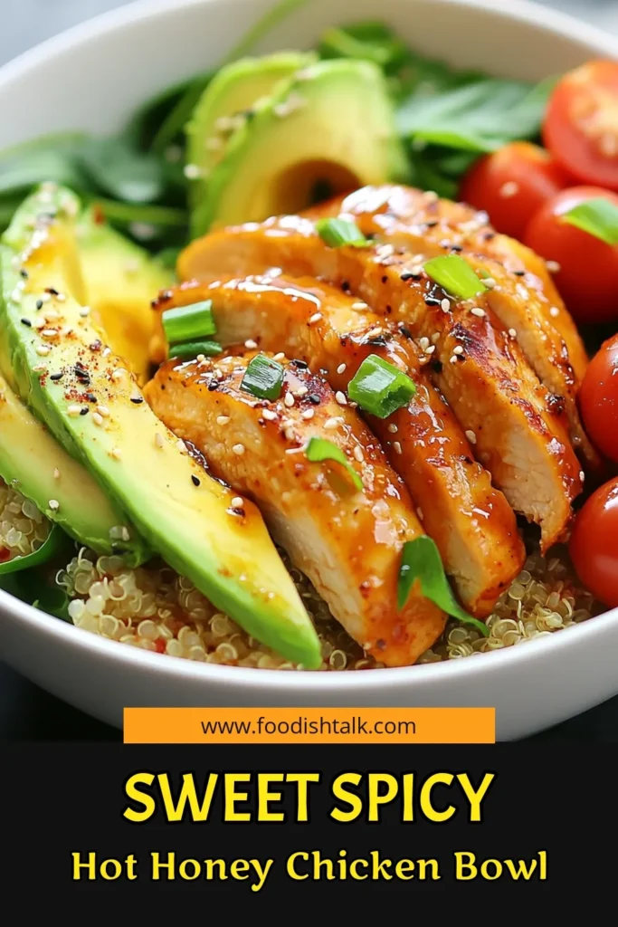 Indulge in this flavorful Sweet and Spicy Hot Honey Chicken Bowl, where crunchy toppings meet a savory glaze! This Honey Glazed Chicken Bowl is packed with protein, featuring juicy chicken breasts simmered in hot honey for the perfect Spicy Honey Chicken Dinner. Enjoy a Healthy Chicken Quinoa Recipe that's quick and easy, perfect for busy nights. Ready to impress? Try this Quick Chicken Bowl Recipe today! #HotHoneyChicken #HealthyRecipes #QuinoaBowls #ChickenDinner