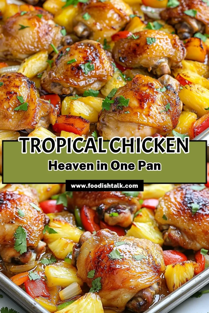 Indulge in this easy Tropical Chicken Recipe with our Sheet Pan Hawaiian Chicken with Pineapple! Perfect for a weeknight meal, this dish features juicy Hawaiian chicken thighs paired with sweet pineapple and colorful veggies. Whip up this Pineapple Chicken Recipe for a delicious sheet pan dinner that the whole family will love. Save this recipe for your next easy chicken dinner! #TropicalChickenRecipe #HawaiianChickenThighs #SheetPanDinner #PineappleChickenRecipe