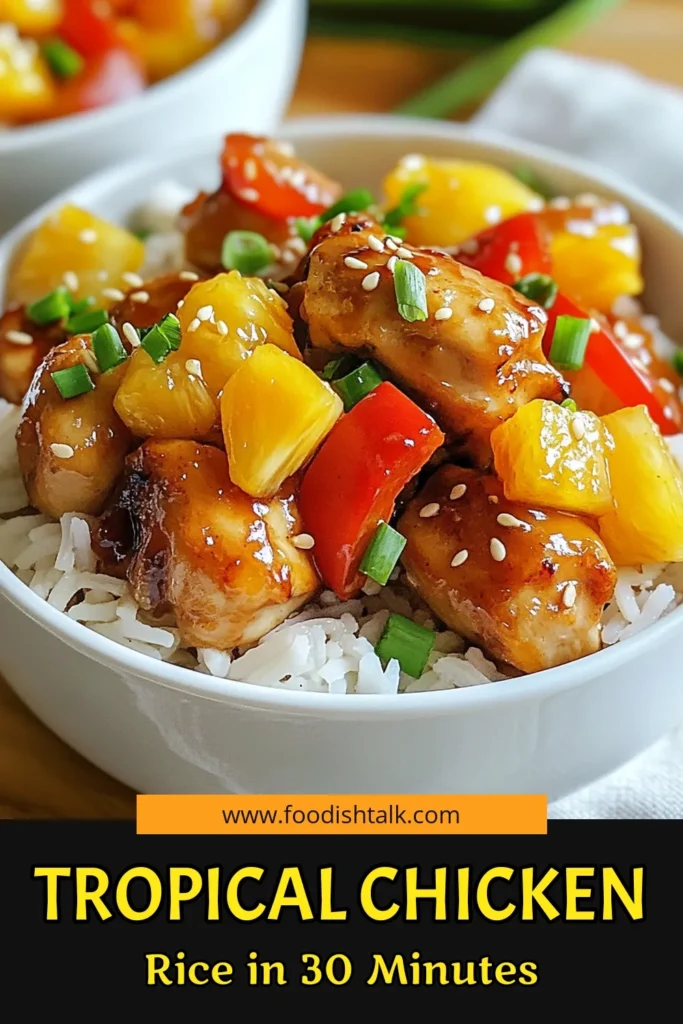 Create a flavorful experience with this Tropical chicken recipe! Our Pineapple chicken and rice is an easy chicken stir-fry that's perfect for busy weeknights. Packed with protein and fresh ingredients, it's a delicious healthy chicken dinner option. Serve it over fluffy jasmine rice for a satisfying meal. Ready to enjoy a taste of the tropics? Save this recipe for later! #TropicalChicken #DinnerIdeas #HealthyEating #JasmineRiceRecipes
