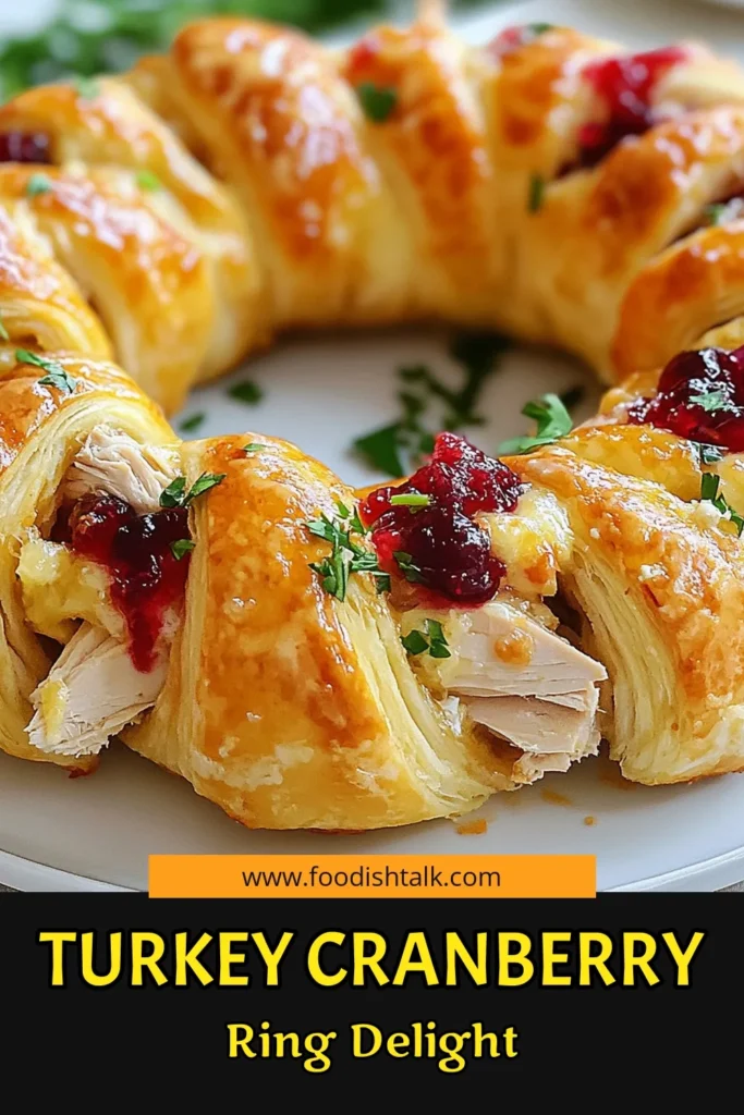 Create a delicious Thanksgiving appetizer with this Turkey Cranberry Crescent Ring recipe! Packed with tender turkey, creamy cheese, and tangy cranberry sauce, it's the perfect easy turkey recipe for your holiday gatherings. This savory crescent ring is sure to impress your guests and is simple to make. Don't miss out on this festive dish—save the recipe now! #TurkeyCrescentRing #CranberrySauceRecipe #ThanksgivingAppetizer #SavoryCrescentRollDishes