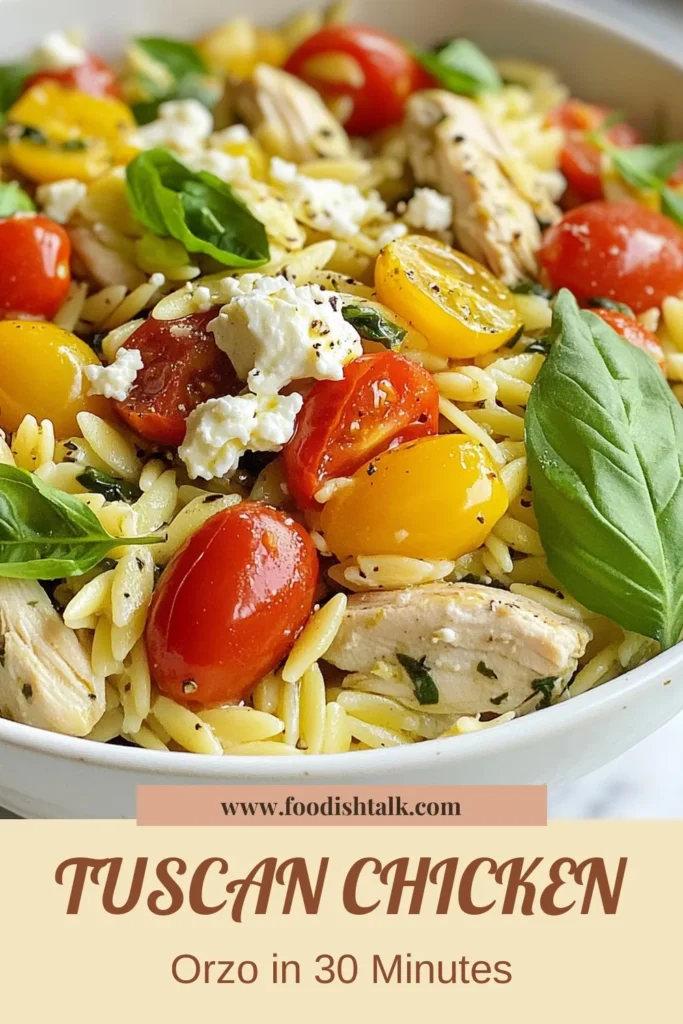 Discover this delicious Tuscan chicken orzo recipe that's both easy to make and healthy! Perfect for those searching for healthy orzo pasta dishes, creamy feta chicken recipes, or simple one-pot Tuscan chicken meals. With tender chicken, vibrant spinach, and bursting cherry tomatoes, this recipe creates a flavorful Italian chicken dinner in just 30 minutes. Save this recipe for a weeknight win! #TuscanChicken #EasyDinner #OnePotMeals #HealthyEating