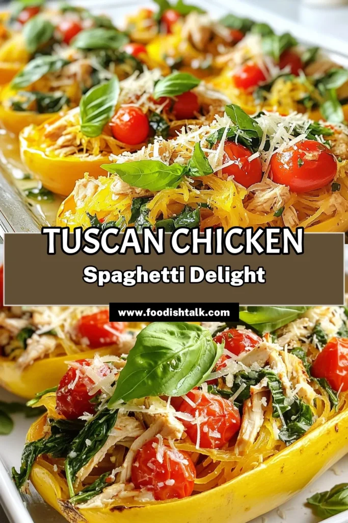 Discover a delicious Tuscan chicken recipe with our easy Tuscan Chicken Spaghetti Squash dish. This healthy Italian meal combines tender chicken, roasted spaghetti squash, and fresh veggies for a satisfying low-carb pasta alternative. Perfect for a one-pan chicken dinner, it's packed with flavor and nutrients. Try it today and enjoy a wholesome meal! Save this recipe for later and impress your family! #TuscanChicken #HealthyRecipes #LowCarbCooking #OnePanDinner