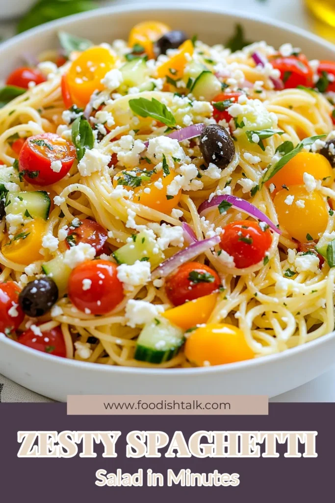 Discover this delightful zesty spaghetti salad recipe that’s sure to impress! This zesty pasta salad combines fresh vegetables like cherry tomatoes, cucumber, and bell peppers for a refreshing side dish. Perfect for gatherings, our easy cold pasta salad brings Mediterranean flavors to your table. Ready in just 45 minutes, this fresh vegetable pasta salad is a must-try. Don't miss out—save the recipe! #SpaghettiSalad #PastaSalad #Mediterranean #EasyRecipes
