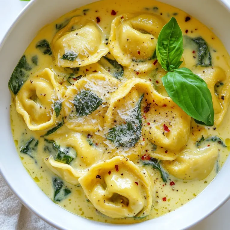 - 8 oz cheese tortellini (fresh or frozen) - 2 cups fresh spinach, roughly chopped - 1 cup heavy cream For a creamy tortellini dish, start with the right ingredients. Tortellini is key to this recipe. You can use fresh tortellini for a soft bite or frozen for convenience. Spinach adds color and nutrients. Fresh spinach tastes great and wilts nicely in the sauce. Heavy cream creates that rich, smooth texture we all love. - 1 tablespoon olive oil - 2 cloves garlic, minced - ½ cup grated Parmesan cheese - 1 teaspoon Italian seasoning Now, let’s enhance those flavors. Olive oil gives a nice base for the dish. Garlic adds a warm, inviting aroma. Parmesan cheese offers a salty kick and creaminess. Italian seasoning ties it all together with herbs like basil and oregano. - Salt and pepper to taste - Optional: red pepper flakes for added heat - Fresh basil leaves for garnish To finish, season with salt and pepper. This step is crucial for balance. If you like heat, sprinkle in some red pepper flakes. For a beautiful touch, garnish with fresh basil leaves. They add a pop of color and a hint of freshness to your plate. {{ingredient_image_1}} First, take a large pot and fill it with water. Add a good amount of salt. Bring this water to a boil. Once it bubbles, add your tortellini. Cook it based on the package instructions, usually around 3-5 minutes. You want it to be al dente, which means firm but cooked. When done, drain the tortellini and set it aside. Next, heat a large skillet over medium heat. Add one tablespoon of olive oil. Once the oil is warm, toss in two cloves of minced garlic. Sauté the garlic for about one minute. You want it to smell good but not brown. Now, grab two cups of fresh spinach and add it to the skillet. Cook the spinach for about 2-3 minutes until it wilts down. Now, pour in one cup of heavy cream. Bring this mixture to a gentle simmer. Stir it occasionally so it doesn't stick. Once it simmers, add in half a cup of grated Parmesan cheese and one teaspoon of Italian seasoning. Keep stirring until the cheese melts. You should see a nice creamy sauce forming. Now, it's time to bring it all together. Gently fold the cooked tortellini into the creamy spinach sauce. Mix it carefully so the tortellini gets coated. Heat everything through for another 2-3 minutes. This will warm up the tortellini and blend the flavors. Finally, taste your dish and adjust the seasoning. Add salt and pepper to your liking. If you want some heat, sprinkle in optional red pepper flakes. Once seasoned, remove from heat and let it cool for a few minutes before serving. - Ensure tortellini is cooked al dente for the best texture. This means it should be firm when you bite into it. Overcooked tortellini can become mushy. - Use fresh spinach for maximum flavor and nutrition. Fresh spinach adds a vibrant taste and bright color to the dish. - For a great presentation, serve the creamy tortellini in warm bowls. This keeps the dish nice and cozy. - Garnish with fresh basil leaves and a sprinkle of extra Parmesan cheese. This adds a lovely touch and makes the dish look fancy. - Pair your tortellini with crusty bread or a fresh salad. This balances the meal and adds more flavors. - Avoid overcooking the spinach or tortellini. This can dull the flavors and ruin the texture. - Always adjust seasoning based on your taste. Everyone enjoys different flavors, so don’t be shy to tweak it! Pro Tips Fresh Spinach is Best: Using fresh spinach will enhance the flavor and texture of the dish compared to frozen spinach. Don't Overcook the Tortellini: Ensure the tortellini is cooked al dente to maintain a pleasant texture and prevent it from becoming mushy. Adjust the Creaminess: For a lighter sauce, you can substitute half of the heavy cream with chicken or vegetable broth. Garnish for Flavor: Adding a squeeze of fresh lemon juice before serving can brighten the flavors and add a refreshing twist. {{image_2}} You can swap out the cheese tortellini for other kinds. Try meat-filled tortellini for a hearty twist. If you want a lighter dish, use dairy-free cream. This will change the flavor but keep it creamy. Want extra protein? Grilled chicken or shrimp works great. Both add flavor and make the dish more filling. You can also mix in other veggies. Sautéed mushrooms or colorful bell peppers add more taste and nutrients. You can change this dish to fit the season. In spring, add fresh peas for sweetness. In fall, try roasted butternut squash for a warm flavor. Use different herbs based on what's fresh. This keeps the dish exciting year-round. To keep your creamy tortellini fresh, store it in an airtight container. Let the dish cool down before sealing it. This will help keep the creaminess intact. Place the container in the fridge. It will stay good for up to three days. When ready to eat, check for any signs of spoilage first. The best way to reheat creamy tortellini is on the stovetop. Pour the leftovers into a skillet over low heat. Add a splash of cream or milk to keep it creamy. Stir often until it's heated through. You can also use the microwave. Place in a microwave-safe bowl and cover it. Heat for one minute, then stir and heat again if needed. Yes, you can freeze creamy tortellini! First, let it cool completely. Then, place servings in freezer bags or containers. Remove as much air as possible before sealing. This will help prevent freezer burn. It can last for up to three months in the freezer. To eat, thaw overnight in the fridge and then reheat as mentioned above. Yes, you can use frozen spinach. It saves time and is easy to find. However, frozen spinach has some water. This can make the sauce a bit thinner. If you use frozen, make sure to drain it well. Fresh spinach gives more flavor and texture. It wilts nicely and adds a bright color to the dish. To spice things up, add red pepper flakes. You can sprinkle them in with the salt and pepper. Start with a small amount. Taste the sauce, then add more if you like it hotter. You can also use spicy sausage or diced jalapeños for more heat. These options will bring bold flavors to your creamy tortellini. Look for a few signs to know if the tortellini is ready. First, it should float to the top of the boiling water. This means it is cooked through. Second, check the texture. It should be soft but still firm, or al dente. Taste one piece to be sure it’s not chewy. Perfect tortellini should have a nice bite without being mushy. This dish combines cheese tortellini, fresh spinach, and creamy sauce for a delightful meal. Following the steps above ensures that you cook the tortellini just right and avoid common mistakes. Remember to adjust flavors to fit your taste and explore fun variations. With the right tips, your creamy tortellini will impress everyone. Enjoy making this dish, and don't hesitate to experiment! Cooking should be fun, and every meal is a chance to learn and grow.