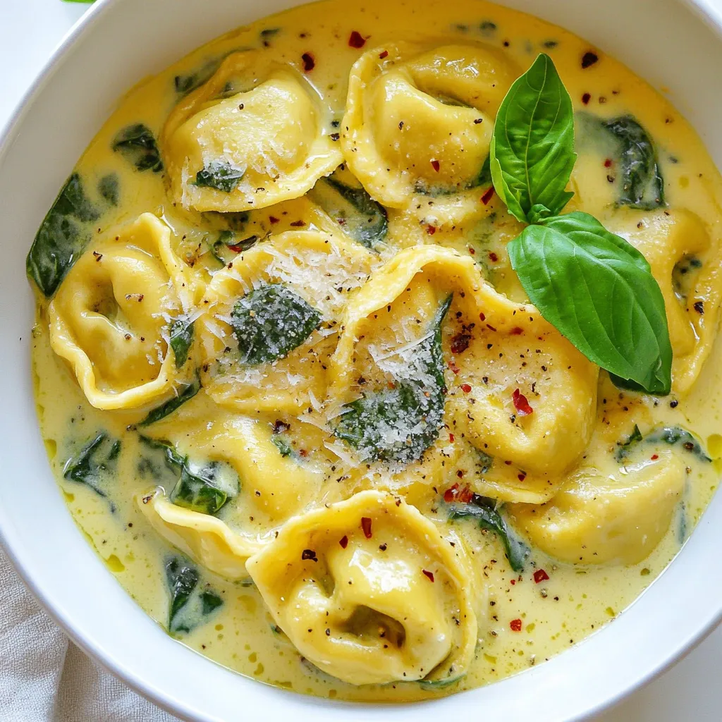 - 8 oz cheese tortellini (fresh or frozen) - 2 cups fresh spinach, roughly chopped - 1 cup heavy cream For a creamy tortellini dish, start with the right ingredients. Tortellini is key to this recipe. You can use fresh tortellini for a soft bite or frozen for convenience. Spinach adds color and nutrients. Fresh spinach tastes great and wilts nicely in the sauce. Heavy cream creates that rich, smooth texture we all love. - 1 tablespoon olive oil - 2 cloves garlic, minced - ½ cup grated Parmesan cheese - 1 teaspoon Italian seasoning Now, let’s enhance those flavors. Olive oil gives a nice base for the dish. Garlic adds a warm, inviting aroma. Parmesan cheese offers a salty kick and creaminess. Italian seasoning ties it all together with herbs like basil and oregano. - Salt and pepper to taste - Optional: red pepper flakes for added heat - Fresh basil leaves for garnish To finish, season with salt and pepper. This step is crucial for balance. If you like heat, sprinkle in some red pepper flakes. For a beautiful touch, garnish with fresh basil leaves. They add a pop of color and a hint of freshness to your plate. {{ingredient_image_1}} First, take a large pot and fill it with water. Add a good amount of salt. Bring this water to a boil. Once it bubbles, add your tortellini. Cook it based on the package instructions, usually around 3-5 minutes. You want it to be al dente, which means firm but cooked. When done, drain the tortellini and set it aside. Next, heat a large skillet over medium heat. Add one tablespoon of olive oil. Once the oil is warm, toss in two cloves of minced garlic. Sauté the garlic for about one minute. You want it to smell good but not brown. Now, grab two cups of fresh spinach and add it to the skillet. Cook the spinach for about 2-3 minutes until it wilts down. Now, pour in one cup of heavy cream. Bring this mixture to a gentle simmer. Stir it occasionally so it doesn't stick. Once it simmers, add in half a cup of grated Parmesan cheese and one teaspoon of Italian seasoning. Keep stirring until the cheese melts. You should see a nice creamy sauce forming. Now, it's time to bring it all together. Gently fold the cooked tortellini into the creamy spinach sauce. Mix it carefully so the tortellini gets coated. Heat everything through for another 2-3 minutes. This will warm up the tortellini and blend the flavors. Finally, taste your dish and adjust the seasoning. Add salt and pepper to your liking. If you want some heat, sprinkle in optional red pepper flakes. Once seasoned, remove from heat and let it cool for a few minutes before serving. - Ensure tortellini is cooked al dente for the best texture. This means it should be firm when you bite into it. Overcooked tortellini can become mushy. - Use fresh spinach for maximum flavor and nutrition. Fresh spinach adds a vibrant taste and bright color to the dish. - For a great presentation, serve the creamy tortellini in warm bowls. This keeps the dish nice and cozy. - Garnish with fresh basil leaves and a sprinkle of extra Parmesan cheese. This adds a lovely touch and makes the dish look fancy. - Pair your tortellini with crusty bread or a fresh salad. This balances the meal and adds more flavors. - Avoid overcooking the spinach or tortellini. This can dull the flavors and ruin the texture. - Always adjust seasoning based on your taste. Everyone enjoys different flavors, so don’t be shy to tweak it! Pro Tips Fresh Spinach is Best: Using fresh spinach will enhance the flavor and texture of the dish compared to frozen spinach. Don't Overcook the Tortellini: Ensure the tortellini is cooked al dente to maintain a pleasant texture and prevent it from becoming mushy. Adjust the Creaminess: For a lighter sauce, you can substitute half of the heavy cream with chicken or vegetable broth. Garnish for Flavor: Adding a squeeze of fresh lemon juice before serving can brighten the flavors and add a refreshing twist. {{image_2}} You can swap out the cheese tortellini for other kinds. Try meat-filled tortellini for a hearty twist. If you want a lighter dish, use dairy-free cream. This will change the flavor but keep it creamy. Want extra protein? Grilled chicken or shrimp works great. Both add flavor and make the dish more filling. You can also mix in other veggies. Sautéed mushrooms or colorful bell peppers add more taste and nutrients. You can change this dish to fit the season. In spring, add fresh peas for sweetness. In fall, try roasted butternut squash for a warm flavor. Use different herbs based on what's fresh. This keeps the dish exciting year-round. To keep your creamy tortellini fresh, store it in an airtight container. Let the dish cool down before sealing it. This will help keep the creaminess intact. Place the container in the fridge. It will stay good for up to three days. When ready to eat, check for any signs of spoilage first. The best way to reheat creamy tortellini is on the stovetop. Pour the leftovers into a skillet over low heat. Add a splash of cream or milk to keep it creamy. Stir often until it's heated through. You can also use the microwave. Place in a microwave-safe bowl and cover it. Heat for one minute, then stir and heat again if needed. Yes, you can freeze creamy tortellini! First, let it cool completely. Then, place servings in freezer bags or containers. Remove as much air as possible before sealing. This will help prevent freezer burn. It can last for up to three months in the freezer. To eat, thaw overnight in the fridge and then reheat as mentioned above. Yes, you can use frozen spinach. It saves time and is easy to find. However, frozen spinach has some water. This can make the sauce a bit thinner. If you use frozen, make sure to drain it well. Fresh spinach gives more flavor and texture. It wilts nicely and adds a bright color to the dish. To spice things up, add red pepper flakes. You can sprinkle them in with the salt and pepper. Start with a small amount. Taste the sauce, then add more if you like it hotter. You can also use spicy sausage or diced jalapeños for more heat. These options will bring bold flavors to your creamy tortellini. Look for a few signs to know if the tortellini is ready. First, it should float to the top of the boiling water. This means it is cooked through. Second, check the texture. It should be soft but still firm, or al dente. Taste one piece to be sure it’s not chewy. Perfect tortellini should have a nice bite without being mushy. This dish combines cheese tortellini, fresh spinach, and creamy sauce for a delightful meal. Following the steps above ensures that you cook the tortellini just right and avoid common mistakes. Remember to adjust flavors to fit your taste and explore fun variations. With the right tips, your creamy tortellini will impress everyone. Enjoy making this dish, and don't hesitate to experiment! Cooking should be fun, and every meal is a chance to learn and grow.
