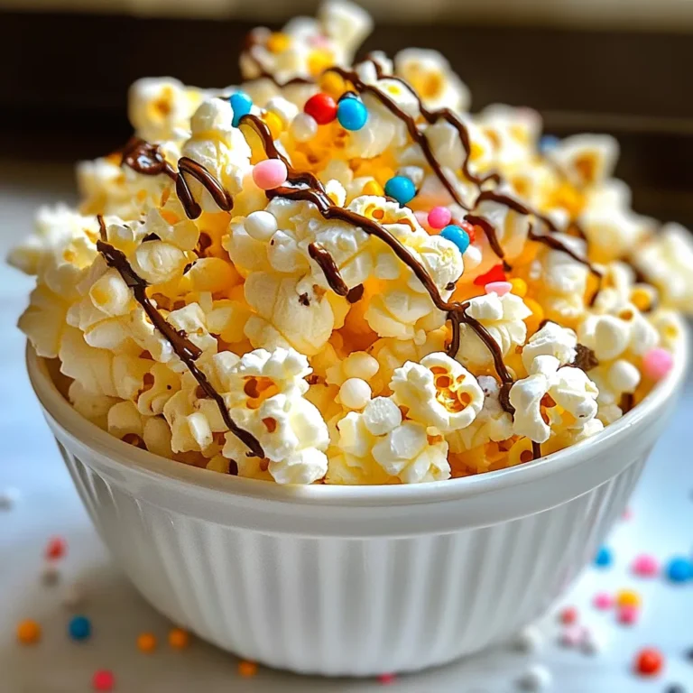 To make Marshmallow Popcorn, gather these items: - 1/2 cup popcorn kernels - 1/4 cup unsalted butter - 1 bag (10 oz) mini marshmallows - 1/2 teaspoon vanilla extract - 1/2 teaspoon salt - 1/2 cup chocolate chips (optional) - Colored sprinkles (optional for added fun) If you have dietary needs, here are some swaps: - Use coconut oil instead of unsalted butter for a dairy-free option. - Choose vegan mini marshmallows for a vegan treat. - Replace chocolate chips with dairy-free chips if needed. I recommend these brands for great results: - Popcorn kernels: Orville Redenbacher’s or Amish Country. - Mini marshmallows: Jet-Puffed or Dandies (vegan option). - Chocolate chips: Ghirardelli or Enjoy Life (for dairy-free). These ingredients will help you create a tasty treat that everyone will enjoy! {{ingredient_image_1}} To start, you need to pop the popcorn. You can use a popcorn maker or a large pot. If you use a pot, heat it over medium heat. Add the popcorn kernels and cover it with a lid. Shake the pot gently as it pops. This helps prevent burning. Once the popping slows down, remove it from the heat. Pour the popped popcorn into a large mixing bowl. Make sure to set it aside for later. Now, let’s make the marshmallow mixture. In a medium saucepan, melt the unsalted butter over medium heat. Once it is melted, add the mini marshmallows. Stir constantly until the marshmallows turn smooth. This should only take a few minutes. Next, remove the pan from heat. Stir in the vanilla extract and salt for extra flavor. Mix well to combine. It’s time to coat the popcorn! Pour the melted marshmallow mixture over the popped popcorn. Use a spatula or your hands to mix. If you use your hands, make sure to coat them in butter or oil first. This helps prevent sticking. Gently fold the popcorn until every piece is coated. If you want, sprinkle chocolate chips over the warm popcorn. Mix gently again to let them melt slightly. For some added fun, sprinkle colored sprinkles on top. Spread the popcorn on a baking sheet lined with parchment paper. Let it cool for about 30 minutes. This helps the marshmallow set. After that, break it into clusters and enjoy! To make great popcorn, start with fresh kernels. Old kernels may not pop well. Use a popcorn maker or a large pot with a lid. Heat the oil before adding the kernels. This helps them pop evenly. Shake the pot gently while popping. This keeps the heat even and prevents burning. To keep popcorn from sticking, coat your hands with butter or oil. This helps when mixing the marshmallow mixture. Use a large bowl to mix the popcorn. This gives you space to fold without making a mess. Stir gently to avoid breaking the popcorn. If you notice clumps, break them apart carefully with your hands. You can add more flavor to your popcorn. Try mixing in peanut butter for a nutty taste. Drizzling melted chocolate can add sweetness and richness. Experiment with other toppings like cinnamon or coconut. Colored sprinkles not only add fun but also a nice crunch. The more you mix, the more fun your popcorn becomes! Pro Tips Use Fresh Kernels: For the best popping results, ensure that your popcorn kernels are fresh. Old kernels may not pop well, leading to a disappointing texture. Control the Heat: When melting the marshmallows, keep the heat at medium to prevent burning. Stir constantly to achieve a smooth, creamy mixture. Coat Your Hands: If using your hands to mix the popcorn and marshmallow, coat them with butter or oil to prevent the mixture from sticking. Experiment with Flavors: Feel free to customize your Marshmallow Madness Popcorn with different flavors, such as adding peanut butter or a sprinkle of cinnamon for a unique twist! {{image_2}} You can easily change the taste of marshmallow popcorn. Try mixing in peanut butter for a nutty twist. Melt 1/4 cup of peanut butter with the marshmallows. You can also use caramel sauce for a sweet drizzle. Just pour it over before mixing in the popcorn. Chocolate lovers can add chocolate chips to make it extra special. Make your marshmallow popcorn more fun with colorful add-ins. Seasonal sprinkles add joy and flair. Use red and green sprinkles for holidays or pastel colors for spring. You can even mix in mini candies like M&Ms or gummy bears. This makes it look festive and tasty. Want a healthier option? You can reduce the sugar by using less marshmallows. Try using 8 oz instead of 10 oz. You can also use air-popped popcorn instead of buttered popcorn. For a different flavor, swap the butter for coconut oil. It adds a light taste and keeps it healthier. To keep your leftover marshmallow popcorn fresh, first let it cool completely. Place it in an airtight container. This helps to keep moisture out and maintain the popcorn's texture. You can also use a large zip-top bag if you don’t have a container. Store the container in a cool, dry place. Avoid areas with heat or humidity. If you notice any popcorn becoming stale, you can revive it. Just pop it in the oven at a low temperature for a few minutes. This brings back some crispness. Marshmallow popcorn stays fresh for about 3 to 5 days at room temperature. For longer storage, you can freeze it. Place the popcorn in an airtight bag or container. It can last for up to 3 months in the freezer. To enjoy, let it thaw at room temperature for a few hours before eating. Yes, you can use microwave popcorn. It saves time and effort. Just remember to check the flavor. Some brands add butter or salt. Choose plain popcorn for the best results. You can use coconut oil or vegan butter. Both options work well. They will create a similar texture and flavor. Another choice is margarine. Just make sure it melts smoothly. You can use a microwave to melt the marshmallows. Place mini marshmallows and butter in a microwave-safe bowl. Heat in 30-second bursts, stirring in between. Once melted, mix with the popcorn. It depends on the ingredients. Use vegan butter and check the marshmallow brand. Some marshmallows contain gelatin, which is not vegan. Look for vegan-friendly marshmallows to enjoy this treat. In this post, we covered how to make tasty marshmallow popcorn. We talked about key ingredients, step-by-step instructions, and some helpful tips. You learned about flavor twists and ways to keep it fresh. My final thought is that making this treat can be fun and easy. Get creative with flavors and enjoy the process, whether with family or friends. You’ll love how simple and tasty it can be!