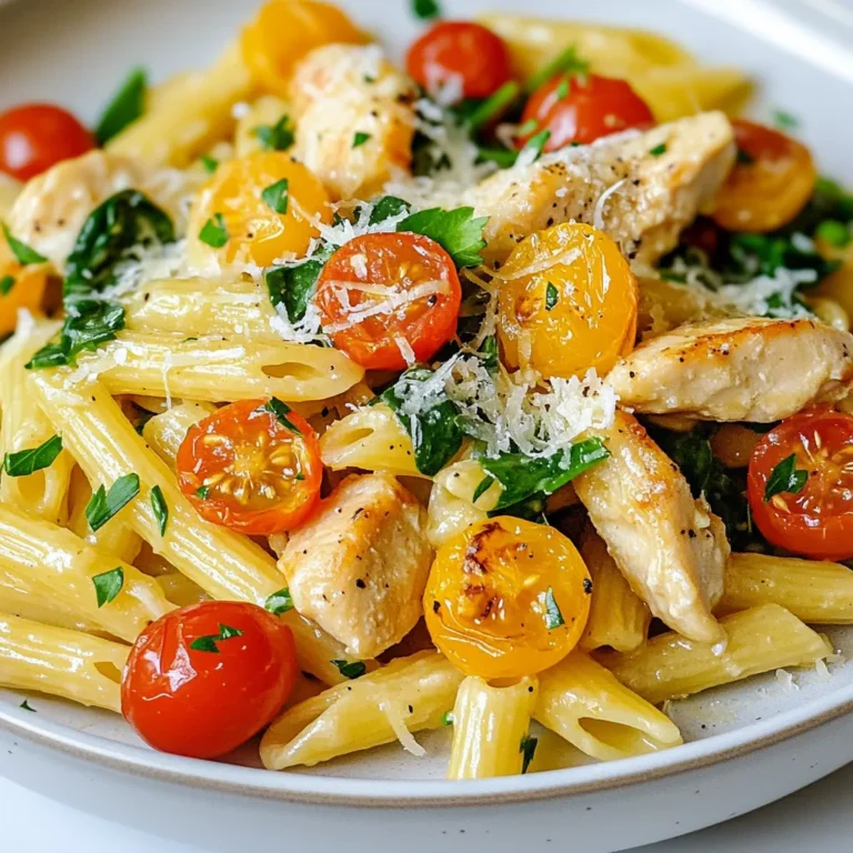 - 2 chicken breasts, diced - 8 oz pasta of choice (penne or rotini work well) - 1 cup heavy cream - 1 packet ranch dressing mix The main ingredients set the base for this creamy delight. I like to use chicken breasts for their tender texture. You can choose your favorite pasta, but penne or rotini hold the sauce well. The heavy cream gives a rich flavor, while the ranch dressing mix adds that signature taste. - 1 cup cherry tomatoes, halved - 1 cup spinach, roughly chopped - 2 tablespoons olive oil - 1 teaspoon garlic powder - 1/2 teaspoon onion powder - Salt and pepper to taste Adding vegetables makes this dish colorful and healthy. Cherry tomatoes burst with flavor, and spinach adds nutrients. Olive oil helps cook the chicken and adds richness. Seasoning is key; garlic powder and onion powder enhance the taste. Don’t forget salt and pepper for balance! - Parmesan cheese - Fresh parsley, chopped Garnishes make your dish look great and add extra flavor. Grated Parmesan cheese gives a salty kick. Fresh parsley adds a pop of color and freshness. Together, these garnishes elevate your creamy ranch chicken pasta. {{ingredient_image_1}} 1. Start by boiling a large pot of water. Add a good amount of salt. This enhances the pasta's flavor. 2. Once boiling, add 8 oz of your choice of pasta. Cook it according to the package instructions. Aim for al dente, which usually takes about 8-10 minutes. 1. While the pasta cooks, heat a large skillet over medium heat. Add 2 tablespoons of olive oil for flavor. 2. Dice 2 chicken breasts and season them with salt, pepper, garlic powder, and onion powder. 3. Add the chicken to the skillet. Cook for 6-7 minutes. Look for it to turn golden brown and be fully cooked through. 1. When the chicken is done, add 1 cup of halved cherry tomatoes and 1 cup of roughly chopped spinach to the skillet. 2. Sauté these for 2-3 minutes. You want the spinach to wilt and the tomatoes to soften. 3. Pour in 1 cup of heavy cream and add 1 packet of ranch dressing mix. Stir this mix well and let it simmer for about 5 minutes. This will thicken the sauce nicely. 1. Once your sauce is ready, add the drained pasta to the skillet. Toss it all together until the pasta is well-coated in the creamy ranch sauce. 2. Cook for an additional 2-3 minutes to warm everything through. This final step ensures all flavors meld beautifully. To make tender chicken, start with fresh breasts. Cut them into small pieces. This helps them cook evenly. Use a hot skillet and avoid crowding the pan. This keeps the chicken from steaming. Season the chicken well with salt, pepper, garlic powder, and onion powder. This adds great flavor right from the start. If your sauce is too thick, add a splash of chicken broth or water. Stir well for a smooth texture. If it's too thin, let it simmer longer. This helps it thicken nicely. To boost the flavor, try adding a squeeze of lemon juice or some grated Parmesan. Both will enhance the ranch taste. Pair your creamy ranch chicken pasta with a crisp side salad. A simple mix of greens, cucumbers, and tomatoes works well. For a fun twist, try garlic bread or cheesy breadsticks. When plating, sprinkle extra Parmesan and fresh parsley on top. This adds color and makes the dish look fancy! Pro Tips Perfect Pasta: To ensure your pasta is perfectly cooked, always add it to boiling water and salt the water generously. This enhances the flavor of the pasta. Seasoning the Chicken: Make sure to season your chicken well before cooking. This not only adds flavor but also helps to create a nice crust. Thickening the Sauce: If you prefer a thicker sauce, let it simmer for a bit longer after adding the heavy cream and ranch dressing mix, stirring occasionally. Fresh Herbs: For an added burst of flavor, consider using fresh herbs like basil or dill in addition to parsley for garnish. {{image_2}} You can change up the veggies in this dish for new flavors. Try adding bell peppers, zucchini, or broccoli for a colorful twist. When it’s summer, use fresh corn or asparagus. In the fall, roasted butternut squash adds sweetness and warmth. Mixing in seasonal veggies keeps the dish fresh and exciting. If you want to switch from chicken, shrimp works great in this recipe. Cook it the same way as chicken for a quick meal. Tofu is also a tasty choice. Use firm tofu and sauté it until golden. Both shrimp and tofu soak up the creamy ranch sauce well. For gluten-free options, choose gluten-free pasta made from rice or quinoa. These types cook well and taste great with the sauce. If you need a dairy-free sauce, use coconut milk or cashew cream instead of heavy cream. These swaps keep the dish creamy while meeting your dietary needs. To store your creamy ranch chicken pasta, place it in an airtight container. Make sure it cools down first. This helps keep it fresh. Store it in the fridge for up to three days. When you want to reheat, use the microwave or a skillet. If using a skillet, add a splash of water or cream. This keeps the pasta moist. You can also freeze creamy ranch chicken pasta. First, let it cool completely. Then, place it in a freezer-safe container. Make sure to leave some space for expansion. You can freeze it for up to three months. When you're ready to eat, thaw it overnight in the fridge. To reheat, warm it in a skillet over medium heat. Add a little cream if it seems dry. This will help bring back its creamy texture. Yes, you can use many types of pasta. Some great options include: - Penne - Rotini - Fusilli - Farfalle Each type will give a fun twist to your dish. Just follow the cooking times on the package. To add heat, try these ideas: - Mix in red pepper flakes while cooking. - Add diced jalapeños to the chicken. - Use a spicy ranch dressing mix. These options will give your creamy ranch chicken pasta a nice kick. Yes, this recipe is great for meal prep. Here are some tips: - Store in airtight containers to keep it fresh. - Keep the pasta and sauce separate until ready to eat. - This dish lasts 3-4 days in the fridge. You can reheat it in the microwave or on the stove. For sides, consider: - Garlic bread for a crunchy bite. - A fresh salad with a light dressing. - Steamed broccoli to add some greens. These sides will balance the meal and make it more filling. This blog post covered all you need to make creamy ranch chicken pasta. We looked at key ingredients like chicken, pasta, and creamy dressing. You learned step-by-step cooking tips and how to tweak the recipe to your taste. Remember, you can swap proteins or vegetables based on what you like. Don’t shy away from leftovers; they can be just as tasty. With these insights, you can create a fun and flavorful meal anytime. Enjoy cooking and experimenting with this easy recipe!