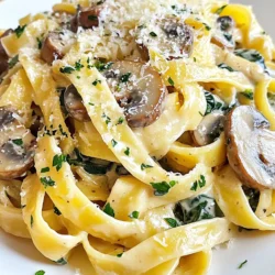 - 300g pasta (fettuccine or your choice) - 250g mushrooms, sliced (button or cremini) - 1 cup heavy cream - 1/2 cup grated Parmesan cheese I love using fettuccine for this dish. It holds the creamy sauce well. You can swap it for spaghetti if you prefer. For mushrooms, I often choose button or cremini. Both add great flavor and texture. The heavy cream brings a rich taste, while Parmesan adds a salty kick. - 2 tablespoons olive oil - 2 cloves garlic, minced - 1 teaspoon dried thyme - Fresh parsley for garnish Olive oil is key for sautéing. It adds healthy fats and flavor. Garlic brings a lovely aroma and taste to the dish. I always use fresh garlic for the best results. Thyme adds a hint of warmth and earthiness. Finally, sprinkle fresh parsley on top for a pop of color and freshness. It makes the dish look appealing and vibrant. {{ingredient_image_1}} To make perfect al dente pasta, follow these tips: - Use a large pot with plenty of salted water. - Bring the water to a rolling boil before adding pasta. - Stir the pasta a few times to prevent sticking. - Check the package for cooking time and taste for doneness. Reserving pasta water is essential. This starchy water helps thicken the sauce later. It also adds flavor to the dish. Always save about one cup before draining your pasta. For mushrooms, use medium heat. This allows them to brown nicely without burning. Stir them often, letting them cook for about 5 to 7 minutes. To boost flavor, add garlic and thyme. These spices enhance the taste of the mushrooms. Cook them for 1 to 2 minutes until you smell their aroma. Next, mix in the fresh spinach. It wilts fast, so cook it for only about 2 minutes. To get the right sauce thickness, lower the heat before adding heavy cream. Stir well and let it simmer for 2 to 3 minutes. This helps it thicken without boiling. Incorporate Parmesan cheese smoothly by sprinkling it in gradually. Mixing it well ensures it melts evenly. If your sauce is too thick, add a splash of reserved pasta water to thin it out. Combine the cooked pasta and sauce effectively. Toss everything together in the skillet to coat the pasta. This helps every bite be creamy and delicious. Finally, taste and adjust seasoning with salt and pepper. You want a balanced flavor that pops. Now, your creamy mushroom spinach pasta is ready to serve! To make a great cream sauce, start with the right heat. Use medium to low heat when adding cream. This helps prevent it from curdling. Stir the cream gently as it heats. If your sauce is too thick, add a little pasta water. This will loosen it up. If it’s too thin, let it simmer longer. You can also add more cheese to thicken it. You can make this dish ahead of time. Store it in the fridge for up to two days. When reheating, use a low heat. Add a splash of cream to keep it smooth. Stir often to warm it evenly. For serving, plate the pasta in a shallow bowl. This makes it look nice. Sprinkle extra Parmesan on top and add fresh parsley. A touch of black pepper also adds a nice finish. Pro Tips Choose the Right Pasta: Using fettuccine or another wide pasta helps the creamy sauce cling better, creating a more flavorful bite. Fresh Spinach is Key: Opt for fresh spinach over frozen for better texture and flavor in your dish. Adjust the Creaminess: If you prefer a lighter sauce, substitute half of the heavy cream with vegetable or chicken broth. Garnish Wisely: A sprinkle of fresh parsley not only adds color but also a fresh flavor that complements the richness of the dish. {{image_2}} You can easily make this dish vegan or dairy-free. To do this, swap heavy cream with coconut cream or a plant-based cream. For cheese, use a vegan alternative. This keeps the creamy texture while removing dairy. If you need a gluten-free option, choose gluten-free pasta. There are many tasty brands available. Just cook it according to the package instructions. It works well with the creamy sauce. Adding protein can make your meal heartier. You can toss in cooked chicken or shrimp. Just sauté them in the skillet before adding the mushrooms. This adds flavor and makes the dish more filling. You can also add more veggies for color and nutrition. Bell peppers and peas work great. Simply sauté them along with the mushrooms. This adds crunch and extra vitamins to your pasta. To store leftovers, place the creamy mushroom spinach pasta in an airtight container. This helps keep the dish fresh and tasty. Make sure to let it cool before sealing. In the fridge, it stays good for up to three days. Check for any signs of spoilage before you eat it again. You can freeze creamy pasta dishes, but the texture might change. To freeze, let the pasta cool completely. Then, place it in a freezer-safe container or bag. It can last for about two months in the freezer. When you’re ready to eat, thaw it in the fridge overnight. Reheat it gently on the stove or in the microwave. You might need to add a splash of cream or water to bring back the creaminess. For this creamy mushroom spinach pasta, I recommend fettuccine or spaghetti. These pasta types hold the sauce well. You can also try penne or farfalle for a fun twist. Just ensure the pasta cooks to al dente for the best texture. You can use dried spinach, but it changes the dish. Fresh spinach adds a light, vibrant taste. Dried spinach has a stronger flavor and lacks some nutrients. If using dried, soak it in water first to rehydrate before adding it to the dish. To boost flavor, add herbs and spices. Fresh basil or oregano complements the dish well. A pinch of red pepper flakes adds a kick. You can also use lemon zest for brightness. Each addition enhances the creamy sauce and makes it more delicious. This blog post covered all you need to make a tasty creamy pasta dish. We explored the main ingredients, from pasta choices to mushrooms and cheeses. Then, we looked at step-by-step cooking, ensuring perfect pasta and a rich sauce. You learned tips for creamy consistency and variations for dietary needs. Finally, we discussed proper storage and safety. Enjoy crafting your dish. The right ingredients and techniques make all the difference!