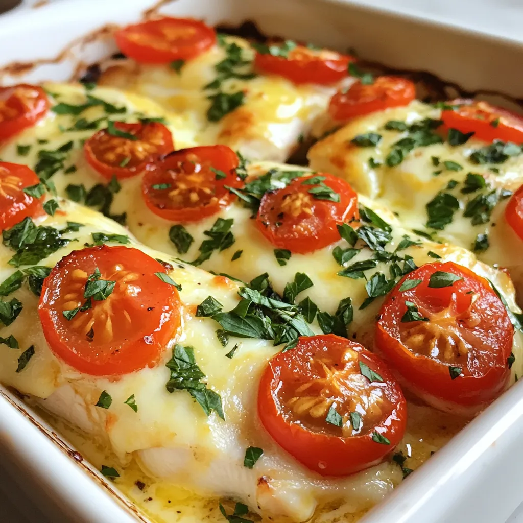 - 4 boneless, skinless chicken breasts - 8 oz cream cheese, softened - 1 cup shredded mozzarella cheese - 1 cup fresh spinach, chopped - 1/2 cup cherry tomatoes, halved These main ingredients make the dish rich and creamy. The chicken breasts serve as a tender base. Cream cheese adds creaminess, while mozzarella gives a lovely melt. Fresh spinach brings a nice color and nutrition, and cherry tomatoes add a sweet bite. - 2 tablespoons olive oil - 4 cloves garlic, minced - 1 teaspoon dried oregano - 1 teaspoon dried thyme - Salt and pepper, to taste - Fresh parsley, chopped (for garnish) The seasoning is what makes this dish pop. Olive oil helps to keep everything moist. Garlic gives a strong flavor that pairs well with chicken. Oregano and thyme add an herbaceous touch. Don’t skip the salt and pepper; they enhance all the flavors. Finally, fresh parsley makes a bright garnish to finish the dish. {{ingredient_image_1}} - Preheat the oven to 375°F (190°C). - Season the chicken breasts with salt, pepper, and thyme. - Place them in a greased baking dish. - In a bowl, mix the softened cream cheese, garlic, oregano, and half of the mozzarella. - Stir until smooth. - Fold in the chopped spinach into the cream cheese mixture. - Spread this mix evenly over the chicken breasts. - Scatter halved cherry tomatoes on top. - Drizzle olive oil over the dish. - Cover it with foil and bake for 25 minutes. - After 25 minutes, remove the foil. - Sprinkle the remaining mozzarella cheese on top. - Bake uncovered for an extra 15 minutes, until the chicken is cooked and the cheese is bubbly and golden. To ensure your chicken is tender and juicy, follow these steps. First, use boneless, skinless chicken breasts. They cook evenly and stay moist. Season the chicken well with salt, pepper, and thyme. This adds a nice flavor. Bake covered for part of the time to lock in moisture. After 25 minutes, uncover the dish. This allows the cheese to melt and brown nicely. Check the chicken with a fork; it should be opaque and juices should run clear. Using different types of cheese can take your dish to new heights. While I love cream cheese and mozzarella, you can try others. Cheddar adds a sharp flavor, while gouda gives a smoky touch. For a tangy twist, use feta or goat cheese. Mixing cheeses offers a fun experiment. Just remember to keep the total amount similar to the original recipe. Want to boost the taste of your chicken bake? Add herbs and spices! Fresh basil or parsley can brighten the dish. You can also use crushed red pepper for a kick. Experiment with spices like paprika or cumin for a unique flair. Just a little can change the whole taste. Don't forget to taste as you go. Adjusting flavors helps you create your perfect chicken bake! Pro Tips Tip Title: Use Fresh Herbs: Fresh herbs can elevate the flavor of this dish. Consider adding fresh oregano or thyme for a more vibrant taste. Tip Title: Perfectly Cooked Chicken: To ensure the chicken is juicy, use a meat thermometer. Chicken should reach an internal temperature of 165°F (75°C). Tip Title: Customize Your Veggies: Feel free to add other vegetables like bell peppers or zucchini for additional flavor and nutrition. Tip Title: Leftover Magic: This dish keeps well in the fridge. Reheat leftovers for a quick and delicious meal the next day! {{image_2}} You can easily add more veggies to your cream cheese chicken bake. Bell peppers and zucchini are great choices. Just chop them up and mix them in. They add color and extra nutrients. You can layer them under the chicken or stir them into the cream cheese mix. This adds a fresh crunch and makes the dish even tastier. Want to change the taste? Switch to sun-dried tomatoes or pesto. Sun-dried tomatoes give a tangy kick. Pesto adds a fresh, herby flavor. Simply mix these ingredients into your cream cheese blend. You can also swap out the herbs for a different taste. Each change brings a new twist to the dish. You can use a slow cooker or Instant Pot for a hands-free approach. Both methods keep the chicken moist and tender. For a slow cooker, cook on low for about 4 hours. For the Instant Pot, set it for 10 minutes on high pressure. Either way, you’ll enjoy a delicious meal with less fuss. To store your Cream Cheese Chicken Bake in the fridge, follow these steps: - Let the dish cool down to room temperature. - Cover it tightly with plastic wrap or aluminum foil. - You can also use an airtight container for best results. - Store it in the fridge for up to three days. This helps keep the flavors fresh. If you want to enjoy it later, you can easily reheat it! If you want to freeze your Cream Cheese Chicken Bake, it’s quite simple: - Allow the dish to cool completely. - Wrap it tightly in plastic wrap, then foil. - Label it with the date for easy tracking. - Store it in the freezer for up to three months. When you’re ready to eat, you can thaw it overnight in the fridge. This keeps it safe and tasty. To reheat your chicken bake without drying it out, here’s what to do: - Preheat your oven to 350°F (175°C). - Place the chicken bake in a baking dish. - Add a splash of chicken broth or water to keep it moist. - Cover the dish with foil to trap steam. - Heat for about 20–25 minutes, or until warm. You can also use a microwave for quick reheating. Just cover it with a microwave-safe lid and heat in short bursts. Enjoy your meal just like it was fresh out of the oven! Yes, you can use frozen chicken breasts. However, they need extra time to cook. I recommend thawing them first for best results. If you start with frozen chicken, add 10 to 15 more minutes to the bake time. Make sure the internal temperature reaches 165°F (75°C) for safety. I love serving this dish with simple sides. Here are some great options: - Steamed green beans - Mashed potatoes - Rice pilaf - A fresh garden salad These sides balance the creamy chicken and add color to your plate. Check the chicken for clear juices. If the juices run clear when you cut it, it’s ready. You can also use a fork to see if it shreds easily. If not, it needs more time. Always ensure it reaches 165°F (75°C) for safety. This blog post covered how to make a delicious Cream Cheese Chicken Bake. We talked about ingredients like chicken, cream cheese, and fresh veggies. You learned step-by-step instructions for prepping and baking. We also shared tips for perfecting your dish, variations to keep it exciting, and storage info to save leftovers. Remember, this dish is easy to tweak based on your tastes. Enjoy experimenting and sharing this meal with others. Happy cooking!