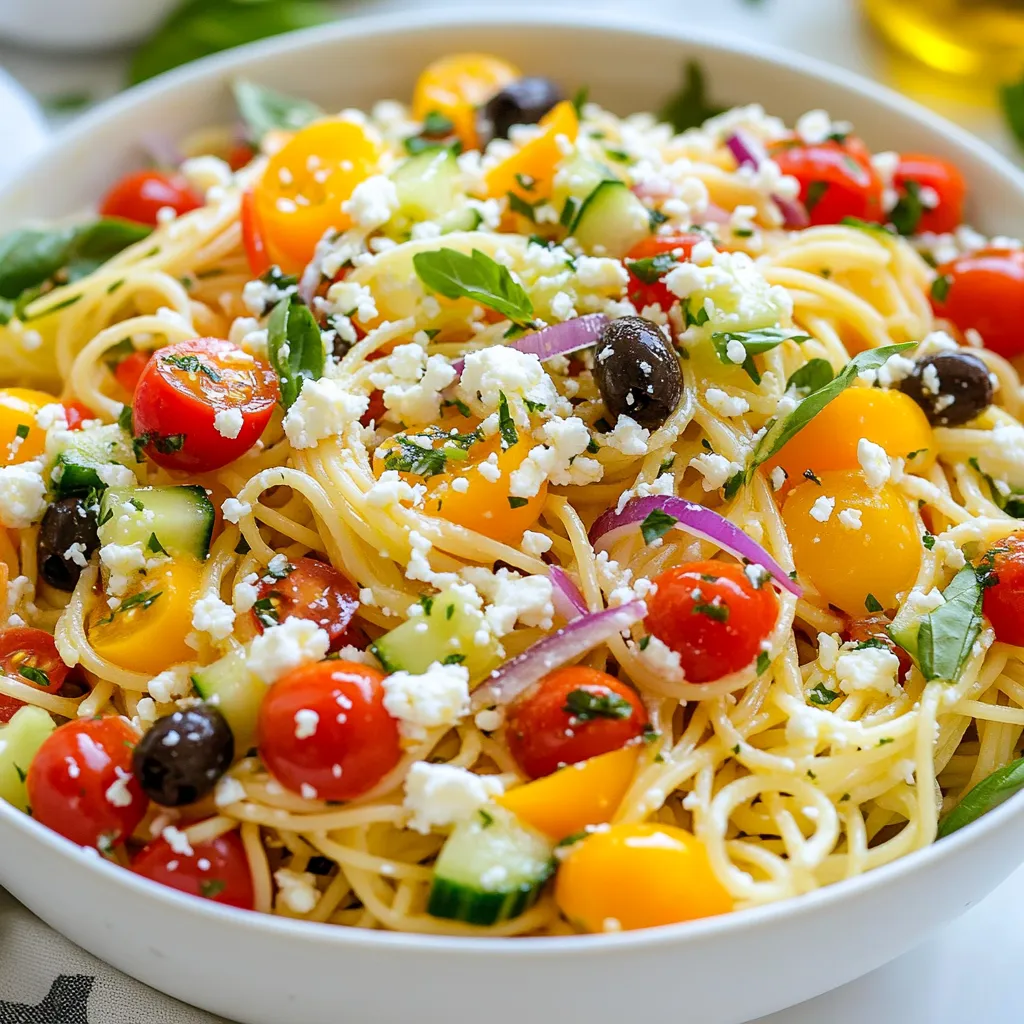 To make a Zesty Spaghetti Salad, you need fresh and colorful ingredients. Here’s what you’ll need: - 8 oz spaghetti, cooked and cooled - 1 cup cherry tomatoes, halved - 1 bell pepper (red or yellow), diced - 1 cucumber, diced - 1/2 red onion, finely chopped - 1/4 cup black olives, sliced - 1/4 cup feta cheese, crumbled - 1/4 cup fresh basil, chopped These ingredients bring great taste and texture to the salad. The spaghetti serves as a hearty base. The cherry tomatoes and cucumber add a refreshing crunch. The bell pepper and red onion give a sweet and sharp flavor. The olives and feta contribute a nice salty touch. Finally, the fresh basil brings a burst of herbaceous goodness. The dressing makes the salad come alive. You will need: - 3 tablespoons olive oil - 2 tablespoons red wine vinegar (or apple cider vinegar) - 1 teaspoon Dijon mustard - 1 teaspoon garlic powder - Salt and pepper to taste This dressing has a perfect balance of tang and richness. Olive oil adds smoothness. Vinegar gives a zesty punch. Dijon mustard adds depth, while garlic powder enhances the flavor. Salt and pepper are key for seasoning. You can change some ingredients if you like. Here are some options: - Use whole wheat spaghetti for a healthier choice. - Swap black olives for green olives. - Try goat cheese instead of feta for a different flavor. - Use any fresh herbs like parsley or cilantro in place of basil. - If you want a gluten-free option, try gluten-free pasta. These substitutions allow you to customize the salad to your taste and dietary needs. You can make it your own and enjoy every bite! {{ingredient_image_1}} Start with your spaghetti. Cook 8 oz of spaghetti in boiling water. Let it cool after cooking. In a large bowl, mix the cooled spaghetti with 1 cup of halved cherry tomatoes. Next, add 1 diced bell pepper, 1 diced cucumber, and 1/2 finely chopped red onion. Toss in 1/4 cup of sliced black olives and 1/4 cup of crumbled feta cheese. This mix brings color and crunch to your salad. Now, let’s make the dressing. In a small bowl, whisk together 3 tablespoons of olive oil and 2 tablespoons of red wine vinegar. If you prefer, use apple cider vinegar instead. Add 1 teaspoon of Dijon mustard and 1 teaspoon of garlic powder to the mix. Season with salt and pepper to taste. Whisk until everything is well combined. This dressing adds zesty flavor to the salad. Pour the dressing over your spaghetti and veggie mix. Gently toss everything together until all the ingredients are coated. Next, add 1/4 cup of chopped fresh basil. Toss again to blend the flavors. Cover the bowl with plastic wrap or transfer the salad to an airtight container. Refrigerate for at least 30 minutes. This chilling time helps the flavors meld. Before serving, give it another toss and check the seasoning. Adjust if needed for taste. Enjoy your fresh and zesty spaghetti salad! To enhance the zesty taste, start with fresh ingredients. Use ripe cherry tomatoes and crisp cucumbers. The red or yellow bell pepper adds sweetness and crunch. You can play with the dressing too. Add more Dijon mustard for a sharp kick. A dash of lemon juice gives it a nice zing. Always taste as you go. Adjust salt and pepper for the best flavor. Serve your zesty spaghetti salad in a big, bright bowl. This makes it eye-catching. For a picnic, pack it in a sealed container. It stays fresh and tasty. Pair it with grilled chicken or fish for a complete meal. You can also serve it as a side dish at barbecues or potlucks. It’s a crowd-pleaser. Garnish the salad for extra flair. Top it with fresh basil leaves. You can also sprinkle more crumbled feta cheese. A light drizzle of olive oil adds shine. For a spicy twist, add a few chili flakes. These little touches make your dish more appealing. Enjoy the vibrant colors and flavors! Pro Tips Chill Time is Key: Letting the salad sit in the refrigerator for at least 30 minutes allows the flavors to meld beautifully, enhancing the overall taste. Customize Your Veggies: Feel free to swap in your favorite vegetables or whatever you have on hand, such as zucchini or carrots, for a personal touch. Perfect Pasta Texture: Ensure your spaghetti is cooked al dente; this prevents it from becoming mushy when mixed with the dressing. Herb Variations: Experiment with different fresh herbs like parsley or mint for a unique flavor profile that complements the salad. {{image_2}} You can easily make this salad vegetarian. The base is already meat-free. Add more veggies for taste and color. Try adding avocados for creaminess. You can also use artichoke hearts. They add a nice flavor and texture. Want to boost the protein? Add cooked chicken or shrimp. These options work well with the flavors. For a quick fix, use canned chickpeas or black beans. They mix well and add great taste. If you need a gluten-free version, swap the spaghetti for rice noodles. They are light and tasty. You can also use zucchini noodles. They offer a fresh twist and are low in carbs. Make sure your dressing is gluten-free too. Use tamari instead of soy sauce if needed. After you enjoy your zesty spaghetti salad, save the leftovers. Place the salad in an airtight container. Make sure to cover it well. This helps keep the salad fresh. Store it in the fridge. It should stay good for about three days. I do not recommend freezing this salad. The veggies can lose their crunch. The pasta may become mushy too. If you have extra dressing, you can freeze that. Just store it in a small container. It will be great for future salads. Reheating is not needed for this salad. You can enjoy it cold. If you prefer it warm, heat the spaghetti only. Add a bit of olive oil to help it warm up. Mix it again with the salad. This adds a new twist to your meal. Yes, you can make Zesty Spaghetti Salad ahead of time. This salad tastes even better after the flavors mix. I recommend making it a few hours in advance. You can store it in the fridge for up to two days. Just cover it well to keep it fresh. You can add many tasty things to your salad. Here are some ideas: - Cooked chicken or shrimp for protein. - Avocado for creaminess. - Artichoke hearts for a unique flavor. - Spinach or arugula for extra greens. - Nuts like pine nuts or walnuts for crunch. Feel free to mix and match based on your taste! If you find the dressing too tangy, you can make it milder. Try adding more olive oil to balance the vinegar. You can also add a little honey or sugar. This will sweeten it up and tone down the tang. Start with small amounts and taste as you go. In this blog post, we covered the key ingredients for a zesty spaghetti salad, from main components to dressings and swaps. I shared step-by-step instructions for cooking and combining the flavors. We also explored tips to enhance taste, suggested serving methods, and creative garnishes. Variations, including vegetarian and gluten-free options, were discussed, along with storage and reheating advice. Zesty spaghetti salad is easy and fun to make. Enjoy trying new flavors and sharing your own version!