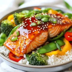 - 4 salmon fillets - 1 cup teriyaki sauce - 2 tablespoons honey - 1 tablespoon fresh ginger, grated - 2 garlic cloves, minced - 1 cup broccoli florets - 1 cup bell peppers, sliced (mix of red and yellow) - 1 cup snap peas - 2 tablespoons sesame oil - 1 tablespoon sesame seeds (for garnish) - 2 green onions, sliced (for garnish) - Cooked jasmine rice (for serving) Gather these simple ingredients to make a tasty sheet pan teriyaki salmon meal. The salmon fillets serve as the star of the dish. You get a rich flavor from the teriyaki sauce and honey. Fresh ginger and garlic add a punch of zest. Mixed vegetables like broccoli, bell peppers, and snap peas give crunch and color. Sesame oil brings a nutty taste that ties everything together. Finally, sesame seeds and green onions add a lovely finish. Using fresh ingredients makes a big difference. You can swap veggies based on what you like or have on hand. Enjoy this quick meal with jasmine rice for a full plate. {{ingredient_image_1}} - Preheat your oven to 400°F (200°C) and line a large sheet pan with parchment paper. This helps with easy cleanup later. - In a small bowl, whisk together the teriyaki sauce, honey, grated ginger, and minced garlic to create a marinade. This mix gives the salmon its rich flavor. - Place the salmon fillets on the sheet pan and pour half of the marinade over the top. Let it marinate for about 15 minutes while you prepare the vegetables. This step adds depth to the dish. - In a mixing bowl, combine the broccoli florets, sliced bell peppers, and snap peas. Drizzle with sesame oil and toss to coat. This ensures all veggies are flavorful. - Arrange the mixed vegetables around the marinated salmon on the sheet pan. Make sure they are spread out for even cooking. - Drizzle the remaining marinade over the vegetables. This adds an extra layer of taste to the whole meal. - Bake in the preheated oven for about 15-20 minutes. The salmon should be cooked through and flake easily with a fork. - If desired, you can broil the dish for the last 2-3 minutes for an extra caramelized finish. This gives your dish a beautiful golden crust. - Once done, remove from the oven and sprinkle sesame seeds and sliced green onions over the top for garnish. This makes the dish look and taste even better. - Serve hot over a bed of jasmine rice. The rice pairs perfectly with the flavors of the salmon and veggies. To tell when salmon is cooked, look for a few signs. The salmon should be opaque and flake easily with a fork. If it looks shiny and raw in the middle, give it more time. Salmon cooks fast, so check it often. For flavor, I recommend marinating the salmon for at least 15 minutes. This short time lets the teriyaki sauce soak in. If you have more time, you can marinate for up to 30 minutes. Just remember, longer isn’t always better! For sheet pan meals, choose vegetables that roast well. My favorites are broccoli, bell peppers, and snap peas. They add color and taste. Other great options include carrots, zucchini, and asparagus. When cutting vegetables, make them similar in size. This ensures even cooking. For broccoli, cut the florets into bite-sized pieces. Slice bell peppers into thin strips. Snap peas can stay whole. This way, everything cooks perfectly together! Pro Tips Marinating Time: For the best flavor, marinate the salmon for at least 30 minutes if you have the time. This allows the flavors to penetrate deeper. Vegetable Variations: Feel free to swap out or add your favorite vegetables. Carrots, zucchini, or asparagus work wonderfully in this dish. Checking Doneness: To ensure the salmon is perfectly cooked, check for an internal temperature of 145°F (63°C). It should flake easily with a fork. Serving Suggestions: Serve with a wedge of lime or lemon for a zesty finish. A sprinkle of chili flakes can also add a nice kick! {{image_2}} You can change the teriyaki sauce if you want. Try soy sauce mixed with honey. This mix gives you a similar taste. For a twist, use a mango sauce or ponzu. Each sauce brings its own flair to the dish. When it comes to veggies, there are many choices. Instead of broccoli, try asparagus or zucchini. You can use carrots, cauliflower, or even green beans. Mix and match to find your favorite blend. Just keep the cooking time in mind. Some veggies cook faster than others. You can grill or bake the salmon. Grilling gives it a nice smoky flavor. It’s great for summer cookouts. Just make sure to keep an eye on it. Salmon cooks quickly on the grill. Baking is simple and easy. It allows the flavors to blend well. Place the salmon and veggies on a sheet pan, then bake. This method is perfect for busy weeknights. You can also play with one-pan meal ideas. Add cooked quinoa or couscous to the pan. This makes it heartier and more filling. You can sprinkle some nuts on top for crunch. Use your favorite spices to create new flavors. Each time you make this dish, you can try something new! To store cooked teriyaki salmon, let it cool down first. Then, place the salmon and vegetables in a storage container. Make sure it has a tight lid. You can keep it in the fridge for up to three days. If you have more leftovers, consider freezing them. Use freezer-safe bags or containers for the best results. This way, you can enjoy it later! Recommended storage containers include: - Glass containers with lids - BPA-free plastic containers - Freezer bags These options keep your meal fresh while making it easy to reheat later. To reheat teriyaki salmon, the best method is using the oven or a skillet. This helps keep the salmon moist. For the oven, set it to 350°F (175°C). Place the salmon on a baking sheet and cover it with foil. Heat for about 10-15 minutes. If you prefer a skillet, heat it over medium-low heat. Add a splash of water or broth to add moisture. Cover it with a lid to trap steam. Reheat for about 5-7 minutes, checking often to avoid drying out. These methods will keep your salmon tasty and juicy, just like when it was first cooked! Can I use frozen salmon for this recipe? Yes, you can use frozen salmon. Just thaw it first. Place the salmon in the fridge overnight. You can also run it under cold water for quicker thawing. Thawed salmon cooks better and absorbs the marinade well. What sides pair well with teriyaki salmon? Teriyaki salmon goes great with jasmine rice. You can also serve it with steamed rice or quinoa. For a fresh touch, add a side salad or some pickled vegetables. The bright flavors in these sides balance the savory salmon. How do I adjust the recipe for more servings? To make more servings, you can double the ingredients. Use eight salmon fillets and increase the sauce, honey, ginger, and garlic as needed. Just make sure your sheet pan has enough space. You can bake in batches if needed. This blog post covered how to make delicious teriyaki salmon. We explored key ingredients, like salmon fillets, teriyaki sauce, and fresh veggies. The step-by-step instructions guided you from marinating the salmon to baking it perfectly. I shared tips to achieve the best texture and flavor, plus storage advice for leftovers. Experiment with variations to keep meals exciting. Enjoy making teriyaki salmon your way. It's simple and rewarding, and I’m sure you’ll love the results!