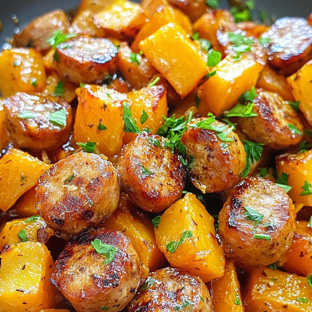 To make Honey Garlic Sausage Sweet Potatoes, you will need: - 4 medium sweet potatoes, diced into cubes - 1 pound chicken or turkey sausage, sliced - 1/4 cup honey - 3 cloves garlic, minced - 1 tablespoon olive oil - 1 teaspoon smoked paprika - 1 teaspoon dried thyme - Salt and pepper to taste - Fresh parsley, chopped for garnish You can enhance the flavor with these optional ingredients: - A pinch of cayenne pepper for heat - 1 teaspoon onion powder for depth - Fresh rosemary for a fragrant touch For a beautiful presentation, try these garnishes: - Extra chopped parsley for color - A drizzle of honey for sweetness - Slices of lemon for brightness These ingredients work together to create a dish that is tasty and satisfying. Each one adds to the overall flavor and texture, making this meal truly delightful. {{ingredient_image_1}} 1. Preheat your oven to 400°F (200°C). This step gets your oven ready for roasting. 2. Dice 4 medium sweet potatoes into cubes. Cut them into even pieces for even cooking. 3. In a large mixing bowl, add the diced sweet potatoes, 1 tablespoon of olive oil, 1 teaspoon of smoked paprika, and 1 teaspoon of dried thyme. 4. Season with salt and pepper to taste. Toss the potatoes well until they are fully coated in the oil and spices. 1. Spread the seasoned sweet potatoes on a baking sheet lined with parchment paper. Make sure they are in a single layer for even roasting. 2. Roast the potatoes in the oven for 20 minutes. Stir them halfway for a nice golden color. 3. While the potatoes roast, heat a skillet over medium heat. Add 1 pound of sliced chicken or turkey sausage. Cook until browned, about 5-7 minutes. 4. Add 3 cloves of minced garlic to the sausage. Sauté for 1-2 minutes until it smells great. 5. Drizzle 1/4 cup of honey over the sausage and garlic. Stir everything together. Cook for another 2-3 minutes until the sauce thickens slightly. 6. Once the sweet potatoes are ready, take them out of the oven. Add them to the skillet with the sausage. 7. Toss all the ingredients together. Ensure the sweet potatoes are well coated in the honey garlic sauce. - Serve warm on a plate or in a bowl. - Garnish with fresh parsley for a pop of color. It adds a nice touch and freshness. - Pair with a simple salad or steamed veggies for a complete meal. This dish is great as a main course or a hearty side. When picking sweet potatoes, look for firm ones. They should have smooth skin, no bruises, and no soft spots. Choose medium-sized potatoes for even cooking. Bigger ones may take longer to cook through, while smaller ones may burn. You can also check the color. Orange-fleshed sweet potatoes are sweeter and creamier than the white-fleshed ones. For the sausage, I like to use chicken or turkey. They are leaner than pork. Slice the sausage into even pieces. This helps them cook evenly and get nice and brown. Preheat your skillet before adding the sausage. This will give your sausage a nice sear. Don’t overcrowd the pan, as this can cause steaming instead of browning. To get the perfect sauce, stir the honey in right after adding the garlic. The honey should coat the sausage without being too runny. If your sauce is too thin, let it cook a bit longer on low heat. This will help it thicken up. You can also add a pinch of smoked paprika to enhance the flavor. Adjust the sauce to your liking. Enjoy the sweetness balanced with the savory sausage! Pro Tips Get Even Crispiness: Make sure to cut the sweet potatoes into uniform cubes to ensure even cooking and crispiness. Customize Your Sausage: Feel free to use your favorite type of sausage, whether it's spicy, mild, or even a plant-based option for a different flavor profile. Add a Kick: If you like heat, consider adding a pinch of cayenne pepper or red pepper flakes to the sweet potatoes before roasting. Make it a Meal: To make this dish a complete meal, add some greens like spinach or kale to the skillet with the sausage in the last few minutes of cooking. {{image_2}} You can swap ingredients to match your taste. If you prefer a different sweetener, try maple syrup instead of honey. You can also use agave syrup for a vegan option. If you don’t have smoked paprika, regular paprika works fine. For herbs, fresh thyme can replace dried thyme for a more vibrant flavor. Feel free to add a splash of lemon juice for brightness. While this recipe uses chicken or turkey sausage, you can try other proteins. Pork sausage adds richness and flavor. For a meatless meal, use plant-based sausage or even black beans. Ground beef or chicken also works well if you like those flavors. Each protein option changes the dish's taste and texture. Adjust the recipe based on what’s in season. In fall, add roasted Brussels sprouts or butternut squash for a hearty touch. During spring, try fresh asparagus or peas for a bright, fresh flavor. You can also mix in seasonal herbs, like basil in summer or rosemary in winter. These additions keep the meal exciting and fresh. After enjoying your Honey Garlic Sausage Sweet Potatoes, let them cool down. Place the leftovers in an airtight container. This keeps the flavors fresh and tasty. Store them in the fridge for up to three days. If you want to keep them longer, freezing is a great option. To reheat, you can use the microwave or the oven. If using the microwave, place a portion on a microwave-safe plate. Heat for 1-2 minutes or until warm. For the oven, set it to 350°F (175°C). Spread the leftovers on a baking sheet and heat for about 10-15 minutes. This helps to keep the sweet potatoes crispy. Freezing your dish is easy! Use a freezer-safe container or a zip-top bag. Make sure to remove as much air as possible. Label the bag with the date. You can freeze Honey Garlic Sausage Sweet Potatoes for up to three months. When you're ready to eat, thaw them in the fridge overnight before reheating. Yes, you can use different types of sausages. Try pork, beef, or even plant-based sausage. Each type will add its own flavor. Adjust the cooking time based on the sausage you choose. For example, fresh pork sausage may need longer cooking. Just ensure it’s cooked through before serving. To spice things up, add red pepper flakes. Start with a pinch and taste as you go. You can also use spicy sausage instead of mild. Another option is adding chopped jalapeños to the skillet with the garlic. This will give your dish a nice kick. Great sides include a fresh green salad or steamed veggies. You might like roasted Brussels sprouts or a simple coleslaw. For a heartier side, serve with rice or quinoa. These dishes complement the sweet and savory flavors perfectly. Enjoy mixing and matching! This blog post guides you through making delicious honey garlic sausage sweet potatoes. We covered ingredients, cooking steps, and tips to choose sweet potatoes. You learned about variations and how to store your dish. Each point aims to make your cooking simple and fun. I hope you feel ready to try this recipe. Enjoy exploring new tastes and impressing your friends and family!
