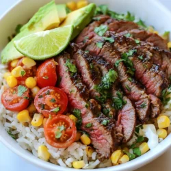- 1 lb flank steak - 1 cup jasmine rice - 1/4 cup fresh cilantro, chopped - 1 lime, juiced and zested - 1 tablespoon olive oil - 2 garlic cloves, minced - 1 teaspoon ground cumin - 1 teaspoon chili powder - Salt and pepper to taste - 1 cup cherry tomatoes, halved - 1 avocado, sliced - 1/2 cup corn kernels (fresh or frozen) - Optional toppings: sour cream, additional cilantro, lime wedges Gathering the right ingredients is key for great flavor. Flank steak gives a nice taste and texture. Jasmine rice adds a lovely aroma and fluffiness. Fresh cilantro brightens the dish and lime juice gives it a zesty kick. Make sure to have garlic on hand. It adds depth to the marinade. Ground cumin and chili powder bring warmth and spice. You can adjust salt and pepper to suit your taste. Cherry tomatoes offer a sweet burst, while avocado adds creaminess. Corn adds a sweet crunch, which balances the flavors well. Lastly, optional toppings like sour cream or extra cilantro let you customize each bowl. With these ingredients, you can create a fresh and colorful meal that excites the palate. {{ingredient_image_1}} To mix the marinade, gather a bowl. Add olive oil, lime juice, lime zest, minced garlic, cumin, chili powder, salt, and pepper. Stir until blended. Place the flank steak in the bowl. Make sure it is well coated with the marinade. Cover the bowl with plastic wrap. Let it marinate in the fridge for at least 30 minutes. For best flavor, marinate for up to 2 hours. First, rinse the jasmine rice under cold water. Keep rinsing until the water runs clear. This helps remove extra starch. Next, in a medium saucepan, bring 2 cups of water to a boil. Add the rinsed rice and a pinch of salt. Reduce the heat to low, cover, and let it simmer for 15 minutes. After that, remove the pan from the heat. Let it sit, covered, for another 10 minutes. Fluff the rice with a fork and stir in the chopped cilantro. Preheat your grill or grill pan over medium-high heat. Remove the steak from the marinade, shaking off the extra marinade. Grill the steak for about 4-5 minutes on each side for medium-rare. If you want it more cooked, grill for a few more minutes. After grilling, move the steak to a cutting board. Let it rest for 5 minutes. This helps keep it juicy. Then, slice the steak thinly against the grain. To assemble the bowls, add a scoop of the cilantro lime rice as the base. On top, place the sliced steak. Next, add cherry tomatoes, corn kernels, and avocado slices. For a beautiful presentation, layer these ingredients neatly. You can squeeze a little extra lime juice over everything. If you want, add optional toppings like sour cream and extra cilantro. Enjoy your meal! To make your cilantro lime steak rice bowls shine, marinating is key. I recommend marinating your flank steak for at least 30 minutes. If you can, let it soak for up to 2 hours in the fridge. This helps the flavors sink in deeply. Fresh ingredients make a big difference too. Choose bright, vibrant cilantro and fresh lime. The zest and juice bring a burst of flavor that lifts the whole dish. For fluffy jasmine rice, rinse it well under cold water. This removes excess starch and helps prevent clumping. Use a 2:1 water-to-rice ratio. If you want softer rice, add a bit more water. After cooking, let it sit covered for 10 minutes. This step allows it to steam and get fluffy. Fluff the rice with a fork before mixing in the chopped cilantro for added flavor. You can cook your steak in a few different ways. Grilling is great, but you can also use a stovetop or broil it. To grill, preheat your grill to medium-high heat. Cook each side for about 4-5 minutes for medium-rare. To check if it’s done, use a meat thermometer. Aim for 130°F for medium-rare. Let the steak rest for 5 minutes before slicing. This keeps the juices inside for a tender bite. Pro Tips Marinate for Maximum Flavor: Allow the steak to marinate for at least 1 hour, or up to 2 hours for deeper flavor penetration. This not only enhances the taste but also helps tenderize the meat. Perfect Rice Technique: Rinsing the jasmine rice is crucial to remove excess starch. This prevents the rice from becoming gummy and ensures a light and fluffy texture once cooked. Resting the Steak: Always let the grilled steak rest for at least 5 minutes before slicing. This allows the juices to redistribute, resulting in a juicier and more flavorful steak. Customize Your Toppings: Feel free to add or substitute toppings based on your preference. Black beans, diced red onion, or a drizzle of hot sauce can enhance the flavor and texture of your bowls. {{image_2}} You can easily swap meat for grilled veggies or tofu. Zucchini, bell peppers, and mushrooms work great. Marinate the veggies in the same mix as the steak. This adds flavor and keeps it tasty. Tofu needs a little extra seasoning, so consider more lime juice and spices. You want it to shine with flavor. To make your bowl more nutritious, add beans or greens. Black beans or spinach give extra fiber and protein. Try topping with different sauces or dressings. A drizzle of chipotle sauce or a sprinkle of feta can elevate the dish. Feel free to mix and match for your taste! If you need gluten-free options, use rice and fresh veggies only. Always check labels on sauces or dressings for hidden gluten. For low-carb or keto-friendly meals, skip the rice. Use cauliflower rice instead for a great substitute. You still get that yummy flavor without the extra carbs. To keep your Cilantro Lime Steak Rice Bowls fresh, follow these steps: - Refrigeration: Store leftovers in airtight containers. This prevents air from drying out the food. Cool your meal to room temperature before sealing. - Freezing: For longer storage, freeze your steak and rice separately. Use freezer-safe containers or bags. Label with the date to track freshness. Reheating your leftovers can be tricky. Here's how to do it well: - Reheating Rice: Add a splash of water to the rice when reheating. This keeps it moist. Microwave in short bursts, stirring in between. - Reheating Steak: Warm steak gently to avoid toughness. Use a skillet on low heat. Add a drop of oil or butter for added flavor. Alternatively, you can use the microwave for 20 seconds at a time. Check often to prevent overcooking. You can swap flank steak for other cuts of beef. Skirt steak or sirloin works well. Both give great flavor and tenderness when cooked right. If you want to try something different, use pork tenderloin or chicken breast. They absorb marinades well and cook quickly. Yes, you can use brown rice. Just know it takes longer to cook. Brown rice needs about 30 to 40 minutes, while jasmine cooks in 15. The flavor will change a bit too. Brown rice has a nuttier taste, which some people really enjoy. These bowls can stay fresh for about 3 to 4 days in the fridge. To keep them nice, store the steak and rice in separate containers. This helps prevent sogginess. If you want to freeze them, you can keep them for up to 3 months. Just remember to defrost in the fridge before reheating. This blog post detailed how to make Cilantro Lime Steak Rice Bowls. We covered every ingredient, from flank steak to fresh cilantro. I shared step-by-step instructions for marinating, cooking, and assembling each bowl. You learned tips for flavor and cooking techniques, as well as variations for different diets. Now, gather your ingredients and enjoy creating this vibrant dish. Don't hesitate to make it your own with different toppings and serving suggestions. Cooking can be fun and tasty!