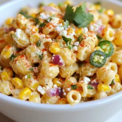 - 8 oz. elbow macaroni or fusilli pasta - 2 cups fresh corn kernels - 1 red bell pepper, diced - ½ red onion, finely chopped - 1 jalapeño, seeded and minced - ⅓ cup cilantro, chopped - ½ cup crumbled Cotija cheese - ¼ cup mayonnaise - 2 tablespoons lime juice - 1 teaspoon chili powder - Salt and pepper to taste When I create this Mexican street corn pasta salad, I focus on fresh and tasty ingredients. The pasta is key. I like elbow macaroni or fusilli. Both hold the dressing well. Fresh corn kernels bring that sweet crunch. You can use about three ears of corn for two cups. If you want a smoky flavor, grill the corn first. The red bell pepper adds color and sweetness. The red onion gives a zesty bite, while the jalapeño adds heat. If you prefer less spice, remove the seeds. Cilantro adds a burst of freshness. It’s a classic in Mexican dishes. Cotija cheese gives a salty creaminess that pairs well with the other ingredients. For the dressing, I use mayonnaise, lime juice, and chili powder. This mix creates a creamy and zesty coating. Don’t forget salt and pepper! These bring all the flavors together. With these ingredients, you can make a bright, colorful, and tasty salad. Enjoy the blend of flavors and textures in every bite! {{ingredient_image_1}} Start by boiling water in a large pot. Add salt to the water for flavor. Once the water boils, add 8 oz. of elbow macaroni or fusilli pasta. Cook it until it is al dente, which means it is firm but not hard. This usually takes about 8 to 10 minutes. After cooking, drain the pasta and rinse it under cold water. This stops the cooking process and cools the pasta quickly. You can use fresh corn for a great taste. If you choose fresh corn, grill 3 ears of corn for more flavor. Brush the corn with olive oil and sprinkle salt. Grill it until charred, about 10 minutes. Once it cools, cut the kernels off the cob. If fresh corn isn't an option, use frozen corn. Simply sauté 2 cups of it in a skillet over medium heat until warmed through. In a large mixing bowl, combine the cooked pasta, corn kernels, diced red bell pepper, finely chopped red onion, minced jalapeño, and chopped cilantro. This mix brings together bright colors and flavors. In a separate small bowl, whisk together ¼ cup of mayonnaise, 2 tablespoons of lime juice, 1 teaspoon of chili powder, and some salt and pepper. Pour this dressing over the pasta mix. Toss everything gently to coat each ingredient evenly. Next, gently fold in ½ cup of crumbled Cotija cheese. Save some cheese for garnish. Cover the salad and chill it in the fridge for at least 30 minutes. This lets the flavors marry together nicely. When you’re ready to serve, sprinkle the reserved cheese on top for a delicious finish. To make a great dressing, start with the basics. Use mayonnaise, lime juice, chili powder, salt, and pepper. Whisk these together until smooth. If you want it tangier, add more lime juice. For a creamier texture, increase the mayonnaise. If mayo is not your thing, try Greek yogurt or avocado. These options still give you a creamy feel but with fewer calories. When serving, choose a colorful bowl. It makes the salad pop! Sprinkle extra Cotija cheese on top. This adds a nice touch. You can also add more cilantro for a fresh look. Lime wedges on the side not only look great but add extra flavor. For a fun twist, serve in small cups at parties. Grilling fresh corn gives it a smoky flavor. Brush it lightly with olive oil and sprinkle with salt. Grill it for about 10 minutes, turning often until charred. You can also boil it if you prefer. When picking corn, look for bright green husks and plump kernels. Avoid corn with dry or brown husks. Fresh corn is best in late summer and early fall, but you can find good options year-round. Pro Tips Use Fresh Corn: Grilling fresh corn adds a smoky flavor that enhances the dish. If fresh corn isn't available, sauté frozen corn for a quick alternative. Customize the Heat: Adjust the amount of jalapeño based on your spice preference. For a milder dish, you can omit the seeds or use less jalapeño. Chill for Flavor: Refrigerate the pasta salad for at least 30 minutes before serving to allow the flavors to meld and develop. Presentation Matters: Serve in a vibrant bowl and garnish with extra Cotija cheese and cilantro to make the dish visually appealing. {{image_2}} You can easily change some ingredients in this pasta salad. If you can't find Cotija cheese, try feta or queso fresco. Both have a nice, salty taste. For some extra protein, add cooked chicken, shrimp, or black beans. They make the salad filling and tasty. Herbs and spices can change this dish. Instead of cilantro, use parsley or green onions for a fresh twist. You might also want to try different spices. Smoked paprika can add depth, while cumin gives a warm flavor. If you like a kick, think about adding peppers. Use serrano or habanero for more heat. You can also add crushed red pepper flakes for a spicy touch. Each change can make the salad unique and fun! To keep your Mexican Street Corn Pasta Salad fresh, use airtight containers. Glass or plastic containers with tight lids work well. They keep out air and moisture, which can spoil the salad. Store the salad in the fridge for up to three days. If you notice any odd smells or colors, it’s best to toss it. Yes, you can freeze the salad, but it may change the texture. The pasta might become mushy after thawing. If you decide to freeze it, use a freezer-safe container. Make sure to leave some space for the salad to expand. When you want to eat it, move the salad to the fridge overnight to defrost. After thawing, stir it gently, and add fresh herbs or cheese if needed to brighten the flavors. You can serve this salad with many tasty sides. Here are some great ideas: - Grilled chicken or shrimp for extra protein - Black bean tacos for a fun twist - A fresh green salad with lime vinaigrette - Tortilla chips with salsa or guacamole These sides match well with the flavors of the salad. They add variety and color to your meal. Yes, you can make this salad ahead of time! It tastes better after chilling. To prepare in advance: - Mix all ingredients but cheese and dressing. - Store it in an airtight container. - Add dressing and cheese just before serving. This way, the salad stays fresh and the flavors blend nicely. You can make this salad gluten-free easily. Instead of regular pasta, use gluten-free elbow macaroni or fusilli. Look for brands made with brown rice or quinoa. Always check labels to ensure they are gluten-free. This salad can last for about 3 days in the fridge. Store it in an airtight container. Check for signs of spoilage before eating. If it smells off or looks slimy, it’s best to discard it. Enjoy your salad within this time for the best taste! In this blog post, we explored how to make a tasty Mexican Street Corn Pasta Salad. We covered ingredients, cooking tips, and ways to add your own twist. You learned how to store leftovers and keep the salad fresh. Remember, feel free to mix in your favorite flavors! Whether you’re serving it at a gathering or enjoying it at home, this salad is sure to impress. Happy cooking!