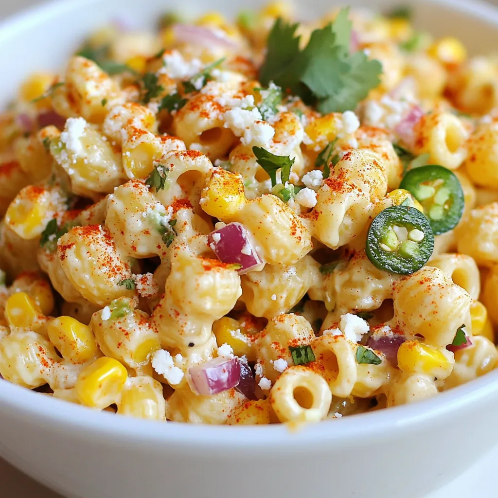- 8 oz. elbow macaroni or fusilli pasta - 2 cups fresh corn kernels - 1 red bell pepper, diced - ½ red onion, finely chopped - 1 jalapeño, seeded and minced - ⅓ cup cilantro, chopped - ½ cup crumbled Cotija cheese - ¼ cup mayonnaise - 2 tablespoons lime juice - 1 teaspoon chili powder - Salt and pepper to taste When I create this Mexican street corn pasta salad, I focus on fresh and tasty ingredients. The pasta is key. I like elbow macaroni or fusilli. Both hold the dressing well. Fresh corn kernels bring that sweet crunch. You can use about three ears of corn for two cups. If you want a smoky flavor, grill the corn first. The red bell pepper adds color and sweetness. The red onion gives a zesty bite, while the jalapeño adds heat. If you prefer less spice, remove the seeds. Cilantro adds a burst of freshness. It’s a classic in Mexican dishes. Cotija cheese gives a salty creaminess that pairs well with the other ingredients. For the dressing, I use mayonnaise, lime juice, and chili powder. This mix creates a creamy and zesty coating. Don’t forget salt and pepper! These bring all the flavors together. With these ingredients, you can make a bright, colorful, and tasty salad. Enjoy the blend of flavors and textures in every bite! {{ingredient_image_1}} Start by boiling water in a large pot. Add salt to the water for flavor. Once the water boils, add 8 oz. of elbow macaroni or fusilli pasta. Cook it until it is al dente, which means it is firm but not hard. This usually takes about 8 to 10 minutes. After cooking, drain the pasta and rinse it under cold water. This stops the cooking process and cools the pasta quickly. You can use fresh corn for a great taste. If you choose fresh corn, grill 3 ears of corn for more flavor. Brush the corn with olive oil and sprinkle salt. Grill it until charred, about 10 minutes. Once it cools, cut the kernels off the cob. If fresh corn isn't an option, use frozen corn. Simply sauté 2 cups of it in a skillet over medium heat until warmed through. In a large mixing bowl, combine the cooked pasta, corn kernels, diced red bell pepper, finely chopped red onion, minced jalapeño, and chopped cilantro. This mix brings together bright colors and flavors. In a separate small bowl, whisk together ¼ cup of mayonnaise, 2 tablespoons of lime juice, 1 teaspoon of chili powder, and some salt and pepper. Pour this dressing over the pasta mix. Toss everything gently to coat each ingredient evenly. Next, gently fold in ½ cup of crumbled Cotija cheese. Save some cheese for garnish. Cover the salad and chill it in the fridge for at least 30 minutes. This lets the flavors marry together nicely. When you’re ready to serve, sprinkle the reserved cheese on top for a delicious finish. To make a great dressing, start with the basics. Use mayonnaise, lime juice, chili powder, salt, and pepper. Whisk these together until smooth. If you want it tangier, add more lime juice. For a creamier texture, increase the mayonnaise. If mayo is not your thing, try Greek yogurt or avocado. These options still give you a creamy feel but with fewer calories. When serving, choose a colorful bowl. It makes the salad pop! Sprinkle extra Cotija cheese on top. This adds a nice touch. You can also add more cilantro for a fresh look. Lime wedges on the side not only look great but add extra flavor. For a fun twist, serve in small cups at parties. Grilling fresh corn gives it a smoky flavor. Brush it lightly with olive oil and sprinkle with salt. Grill it for about 10 minutes, turning often until charred. You can also boil it if you prefer. When picking corn, look for bright green husks and plump kernels. Avoid corn with dry or brown husks. Fresh corn is best in late summer and early fall, but you can find good options year-round. Pro Tips Use Fresh Corn: Grilling fresh corn adds a smoky flavor that enhances the dish. If fresh corn isn't available, sauté frozen corn for a quick alternative. Customize the Heat: Adjust the amount of jalapeño based on your spice preference. For a milder dish, you can omit the seeds or use less jalapeño. Chill for Flavor: Refrigerate the pasta salad for at least 30 minutes before serving to allow the flavors to meld and develop. Presentation Matters: Serve in a vibrant bowl and garnish with extra Cotija cheese and cilantro to make the dish visually appealing. {{image_2}} You can easily change some ingredients in this pasta salad. If you can't find Cotija cheese, try feta or queso fresco. Both have a nice, salty taste. For some extra protein, add cooked chicken, shrimp, or black beans. They make the salad filling and tasty. Herbs and spices can change this dish. Instead of cilantro, use parsley or green onions for a fresh twist. You might also want to try different spices. Smoked paprika can add depth, while cumin gives a warm flavor. If you like a kick, think about adding peppers. Use serrano or habanero for more heat. You can also add crushed red pepper flakes for a spicy touch. Each change can make the salad unique and fun! To keep your Mexican Street Corn Pasta Salad fresh, use airtight containers. Glass or plastic containers with tight lids work well. They keep out air and moisture, which can spoil the salad. Store the salad in the fridge for up to three days. If you notice any odd smells or colors, it’s best to toss it. Yes, you can freeze the salad, but it may change the texture. The pasta might become mushy after thawing. If you decide to freeze it, use a freezer-safe container. Make sure to leave some space for the salad to expand. When you want to eat it, move the salad to the fridge overnight to defrost. After thawing, stir it gently, and add fresh herbs or cheese if needed to brighten the flavors. You can serve this salad with many tasty sides. Here are some great ideas: - Grilled chicken or shrimp for extra protein - Black bean tacos for a fun twist - A fresh green salad with lime vinaigrette - Tortilla chips with salsa or guacamole These sides match well with the flavors of the salad. They add variety and color to your meal. Yes, you can make this salad ahead of time! It tastes better after chilling. To prepare in advance: - Mix all ingredients but cheese and dressing. - Store it in an airtight container. - Add dressing and cheese just before serving. This way, the salad stays fresh and the flavors blend nicely. You can make this salad gluten-free easily. Instead of regular pasta, use gluten-free elbow macaroni or fusilli. Look for brands made with brown rice or quinoa. Always check labels to ensure they are gluten-free. This salad can last for about 3 days in the fridge. Store it in an airtight container. Check for signs of spoilage before eating. If it smells off or looks slimy, it’s best to discard it. Enjoy your salad within this time for the best taste! In this blog post, we explored how to make a tasty Mexican Street Corn Pasta Salad. We covered ingredients, cooking tips, and ways to add your own twist. You learned how to store leftovers and keep the salad fresh. Remember, feel free to mix in your favorite flavors! Whether you’re serving it at a gathering or enjoying it at home, this salad is sure to impress. Happy cooking!