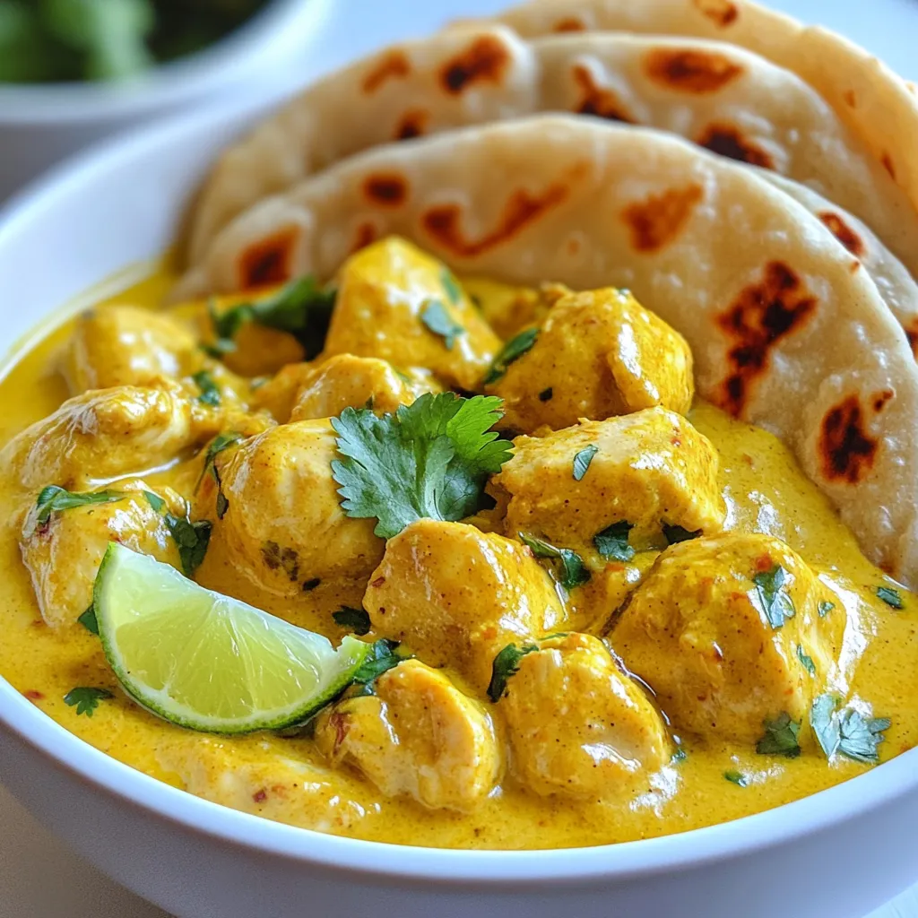 - 500g boneless chicken, cut into bite-sized pieces - 1 large onion, finely chopped - 3 cloves garlic, minced - 1-inch piece ginger, grated - 1 can (400ml) coconut milk - 2 tablespoons curry powder - 1 teaspoon turmeric - 1 teaspoon red chili powder (adjust to spice preference) - 2 tablespoons vegetable oil - Salt to taste - Fresh cilantro leaves for garnish - Juice of half a lime - 2 cups whole wheat flour - 1/2 teaspoon salt - 2 tablespoons ghee or unsalted butter, melted - Water as needed to form dough When I make chicken curry with paratha, I start with fresh ingredients. For the chicken curry, I always use boneless chicken. It cooks faster and stays tender. I chop one large onion finely. The onion adds sweetness to the dish. I also mince three cloves of garlic and grate a piece of ginger. These three create a strong base flavor. Next, I reach for a can of coconut milk. It gives the curry a rich, creamy texture. Spice is key here! I add two tablespoons of curry powder, one teaspoon of turmeric, and one teaspoon of red chili powder. Adjust the chili powder based on how spicy you like it. I heat two tablespoons of vegetable oil in a pot. After the oil is hot, I add the onion. I cook it until it turns golden brown. This step builds deep flavors. I finish with salt to taste and a squeeze of fresh lime juice. Finally, I sprinkle fresh cilantro on top for color and freshness. Now, for the paratha, I use whole wheat flour. I mix two cups of flour with half a teaspoon of salt. Then, I add water slowly until the dough is soft. The key here is kneading the dough. I knead for about five minutes until it feels smooth. I cover the dough and let it rest for thirty minutes. This makes rolling the parathas easier. I use melted ghee or butter to add flavor. The dough should be pliable yet firm. With these ingredients ready, I am set for a delicious dinner delight! {{ingredient_image_1}} - In a large bowl, combine 2 cups of whole wheat flour and 1/2 teaspoon of salt. - Slowly add water until a soft dough forms. - Knead the dough for about 5 minutes until it is smooth. - Cover the dough with a damp cloth and let it rest for 30 minutes. - In a large pot, heat 2 tablespoons of vegetable oil over medium heat. - Add 1 large finely chopped onion and sauté until golden brown. - Stir in 3 minced garlic cloves and 1-inch grated ginger, cooking for one minute. - Sprinkle in 2 tablespoons of curry powder, 1 teaspoon of turmeric, and 1 teaspoon of red chili powder. - Mix well and toast the spices for about 2 minutes. - Add 500g of boneless chicken pieces and stir to coat them in the spices. - Cook for about 5-7 minutes until the chicken is no longer pink. - Pour in 1 can of coconut milk and stir to combine. - Bring the mixture to a simmer, cover, and cook for 15 minutes. - Season with salt and lime juice to taste. Garnish with fresh cilantro leaves. - While the curry simmers, divide the dough into small balls, about the size of a golf ball. - Roll each ball into a thin circle on a floured surface. - Heat a non-stick skillet over medium heat and add a bit of ghee. - Cook each rolled paratha for about 2-3 minutes on each side until golden brown. - Brush with ghee as needed for extra flavor. To get the best taste, toast your spices first. Heat them in the pan until fragrant. This step brings out their true flavors. After that, add the wet ingredients like coconut milk. Adjust the seasoning to match your spice level. You can add more chili powder if you like it hotter. For tasty parathas, use ghee instead of regular oil. Ghee gives a rich flavor and helps make the parathas flaky. Also, let the dough rest after kneading. This resting time improves the texture. It helps the parathas roll out easily. Serve your chicken curry in colorful bowls. This makes the dish look more appealing. Add fresh lime wedges on the side for a zesty kick. Don’t forget to garnish with chopped cilantro. It adds a nice touch and fresh flavor. Pro Tips Marinate the Chicken: For deeper flavor, marinate the chicken in yogurt and spices for at least 30 minutes before cooking. Adjusting Spice Levels: Taste the curry as it cooks and adjust the red chili powder to your preferred spice level. Resting the Dough: Allowing the paratha dough to rest helps to create a softer texture, making it easier to roll out. Cooking Parathas: Use medium heat to cook parathas; too high can burn them before they cook through. {{image_2}} You can switch up the chicken curry in fun ways. - Add vegetables like spinach or bell peppers: This not only adds color but also boosts nutrition. Spinach gives a nice green hue, while bell peppers add crunch. Just toss them in with the chicken for extra flavor. - Experiment with different curry powders: Each curry powder has its own unique taste. Try a garam masala or tikka masala for a new twist. Adjust the spice level to your liking and discover your new favorite flavor. Parathas can be more than just a side dish. - Try stuffed parathas with cheese or potatoes: You can fill your parathas with mashed potatoes or cheese. This makes them even more delicious and filling. Just roll out the dough, add your filling, and seal it up before cooking. - Use different flours, such as millet or rice flour: Switching flours changes the taste and texture. Millet flour makes a nutty paratha, while rice flour gives a nice crispiness. Feel free to mix flours for a unique twist! To keep your chicken curry fresh, refrigerate it in an airtight container. This will help keep the flavors intact. Consume it within 3-4 days for the best taste. The curry may lose some flavor after this time, so it’s best to enjoy it soon. For parathas, keep them in a sealed bag at room temperature. This helps maintain their texture. If you want to store them longer, freeze the parathas. To reheat, just warm them in a skillet or microwave. This way, you can enjoy their flaky goodness anytime! - Yes, frozen chicken can be used; ensure it's thawed before cooking. You can save time by using frozen chicken. Just make sure it is fully thawed. This helps the chicken cook evenly and absorb the flavors from the curry. - Serve with rice or a side salad for a complete meal. Chicken curry pairs well with rice. You can also add a fresh side salad for crunch. Both options balance the rich flavors of the curry. - Reduce the amount of red chili powder or use mild curry powder. If you prefer a milder taste, cut down on the red chili powder. You can also switch to a mild curry powder. This way, you still enjoy the dish without the heat. This blog post shared a simple chicken curry and paratha recipe. Each step ensures you create a tasty dish. Remember to toast your spices for the best flavor. Use ghee for flaky parathas. Feel free to adjust spices or add veggies to fit your taste. Store leftovers properly for later enjoyment. Cooking should be fun and satisfying. Now, it's time to gather your ingredients and start cooking! Enjoy your meal!